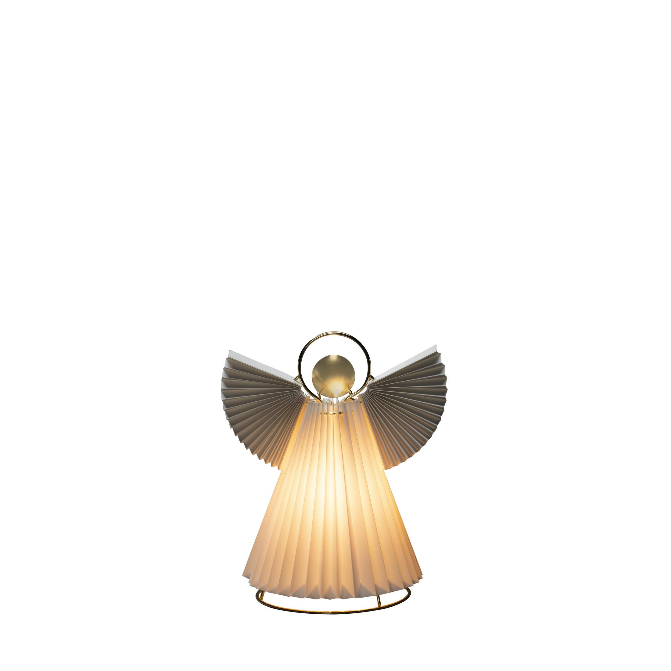 Eine engelartige Lampe. Sie hat einen goldenen Heiligenschein und Flügel mit weißen Falten.