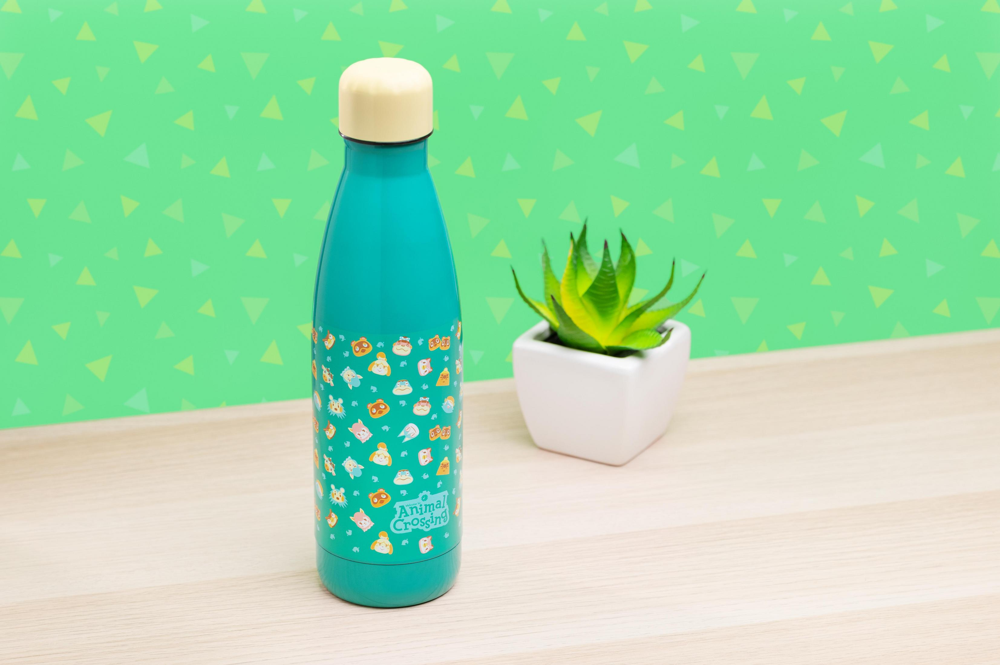 Türkisgrüne Wasserflasche mit Animal Crossing-Design, neben einer kleinen Sukkulente.