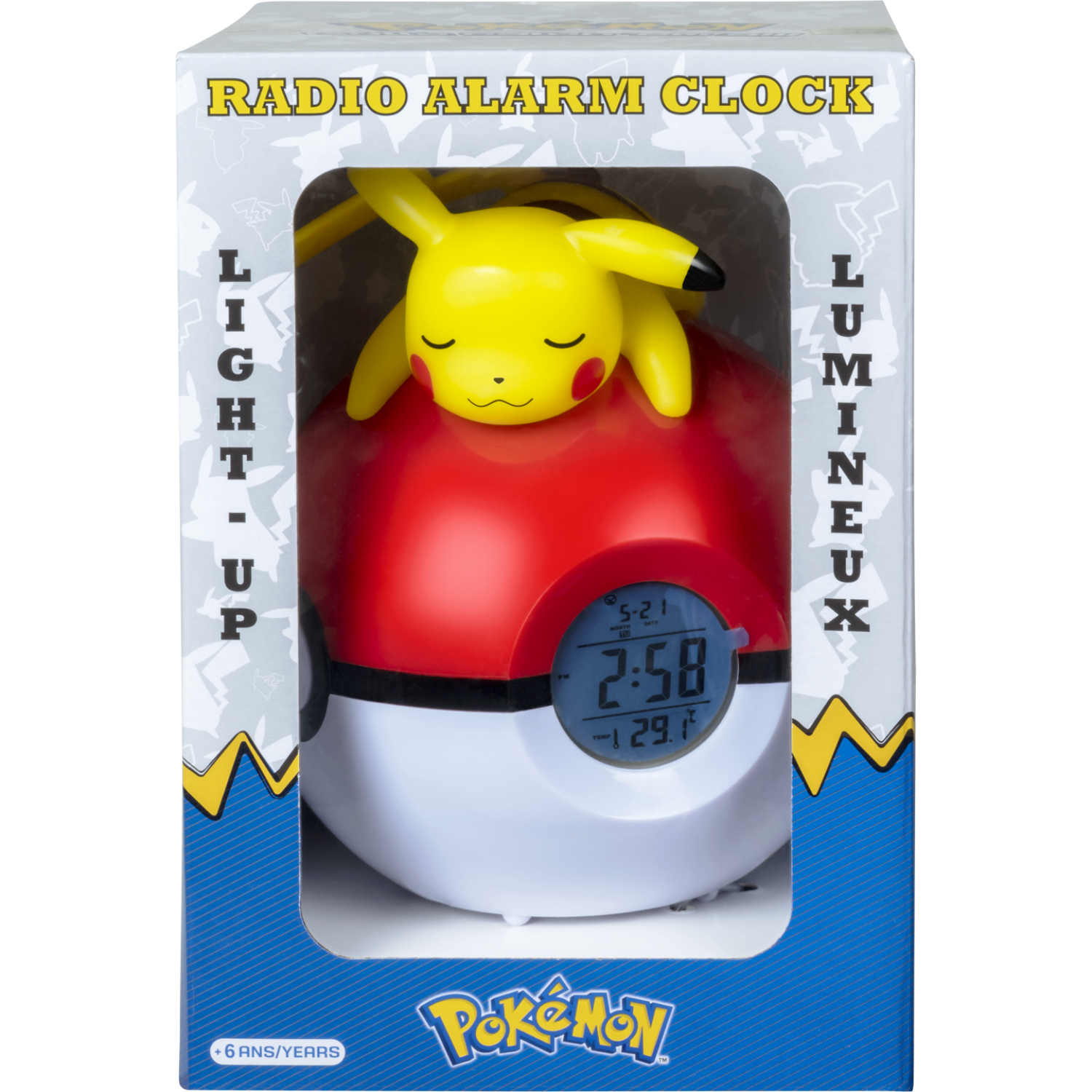 Radiobudzik z motywem Pikachu w pudełku. Zegar wyświetla godzinę i temperaturę.