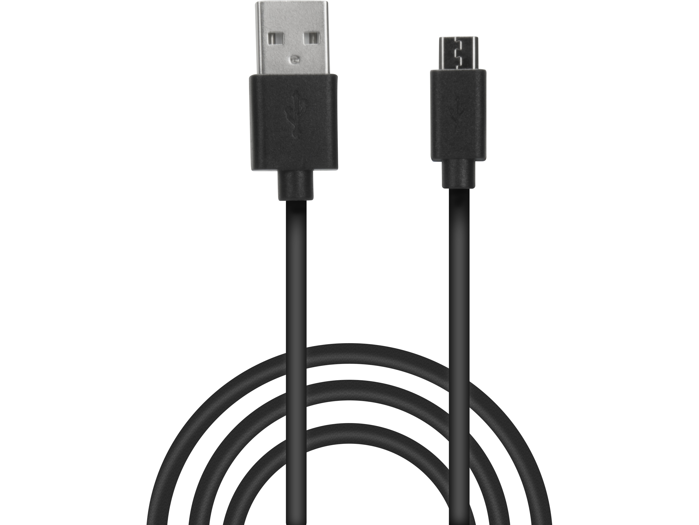 Een zwarte USB naar micro-USB kabel, opgerold. Een USB-connector aan één kant, een micro-USB aan de andere.