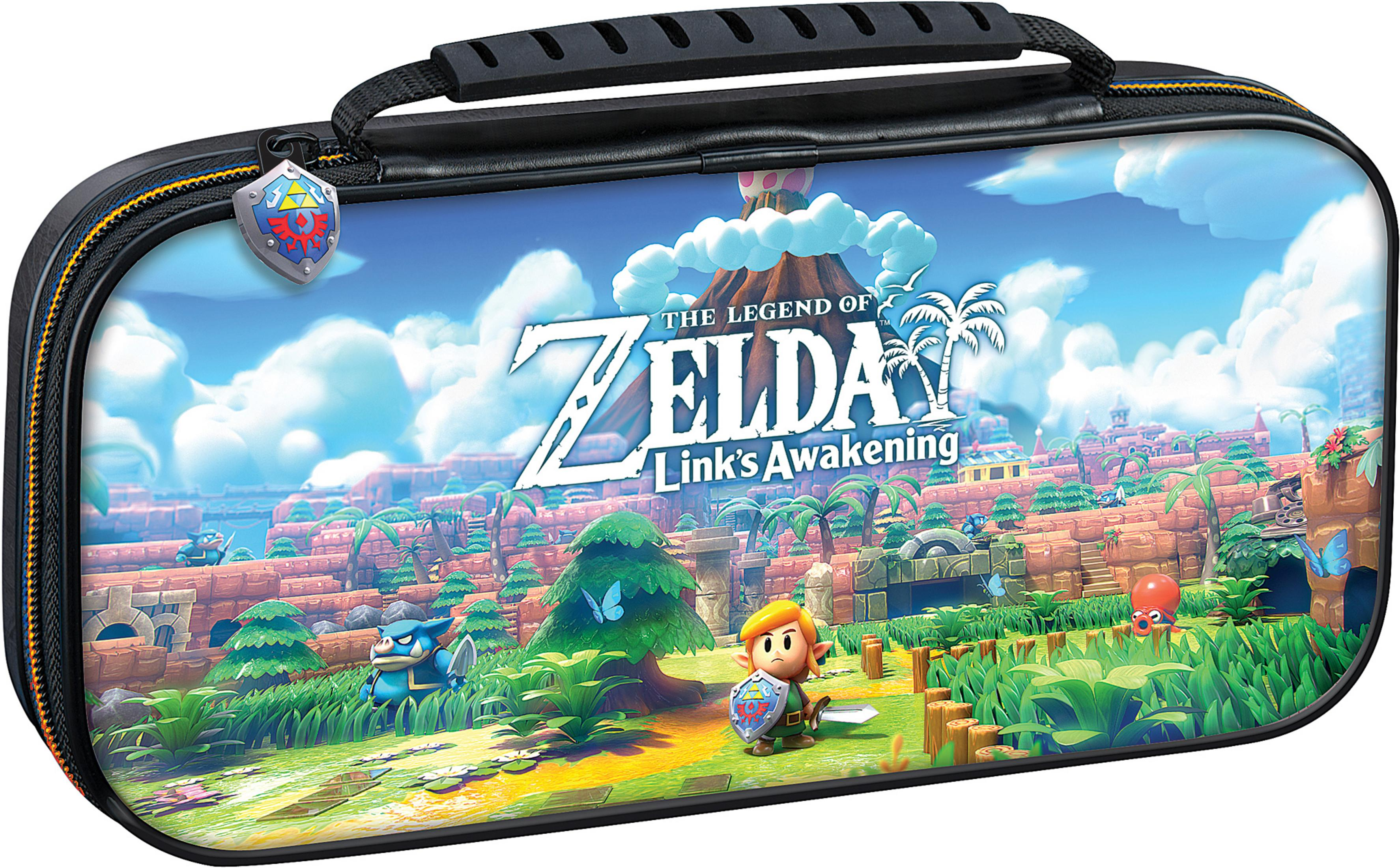Etui w stylu Zelda przedstawia Linka, niebieskiego Suzuki i Oktoroka na tle górskiego krajobrazu.
