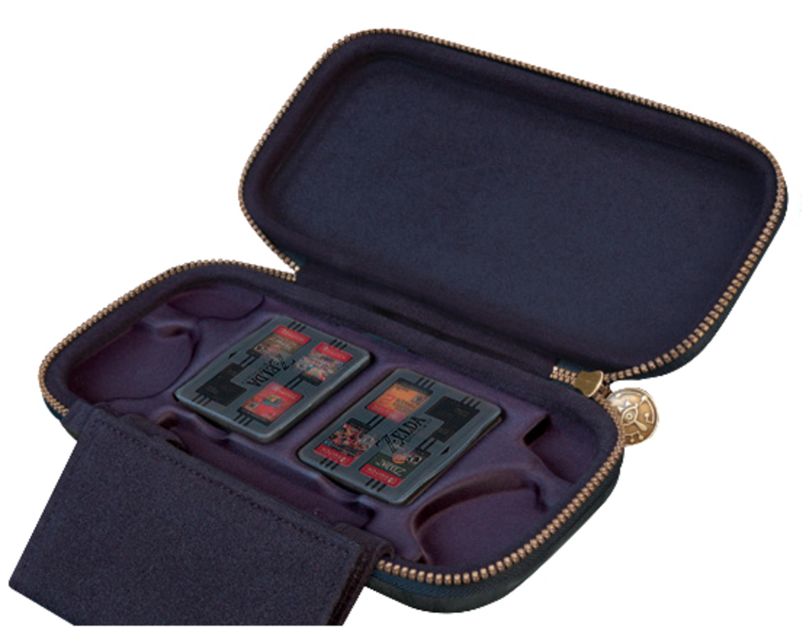 Granatowe etui na zamek zawiera dwa kartridże z grami Nintendo Switch do Zeldy.