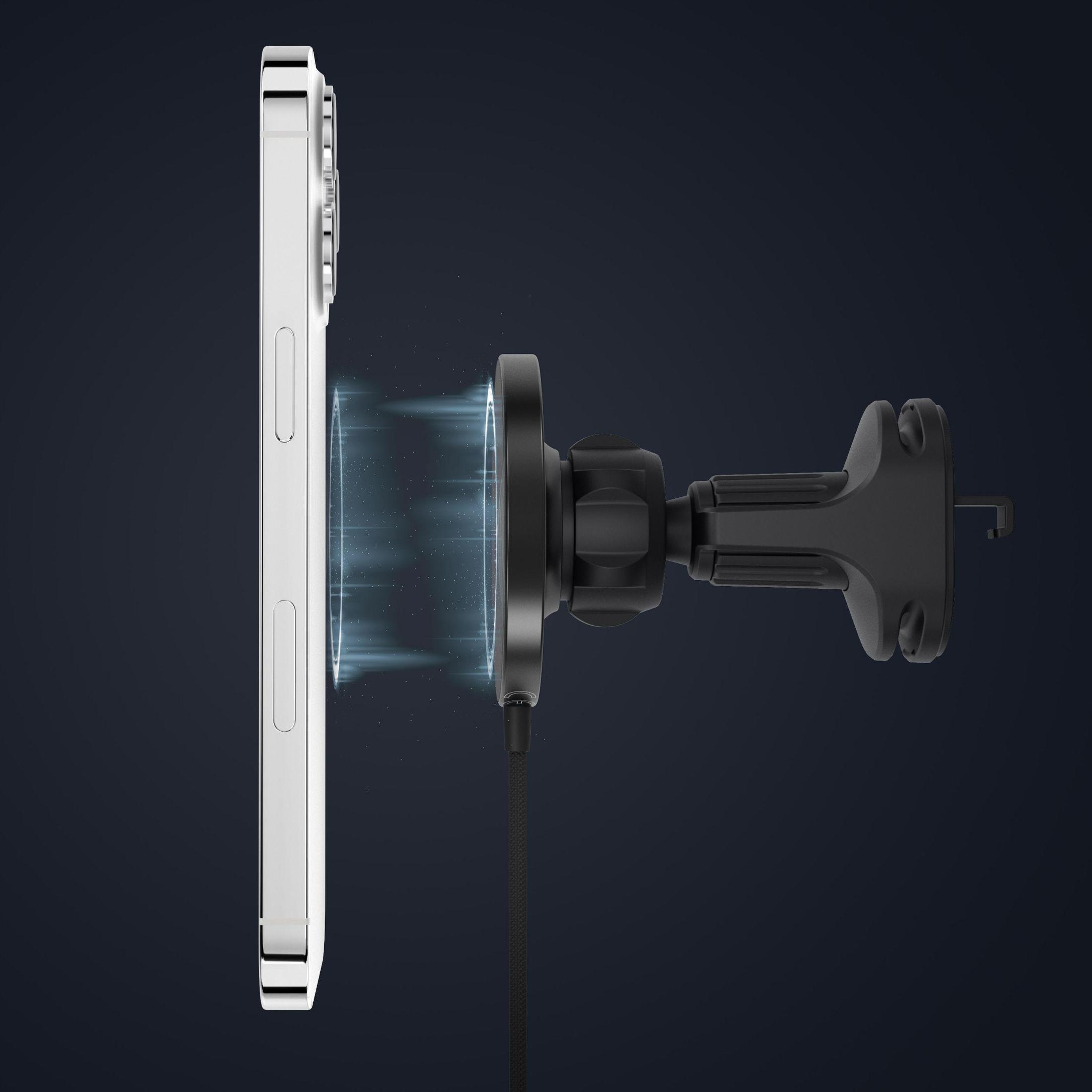 Ein silbernes Telefon, das mit einem schwarzen Autohalter mit Ladekabel verbunden ist, vor einem dunkelblauen Hintergrund.