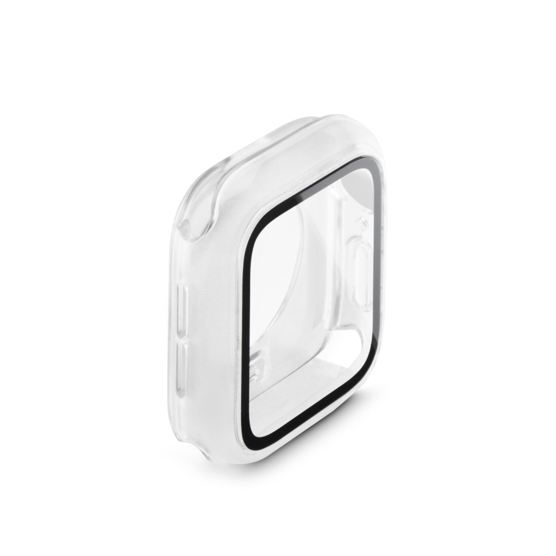 Przezroczyste etui Apple Watch widziane z boku, z czarną krawędzią, na białym tle.