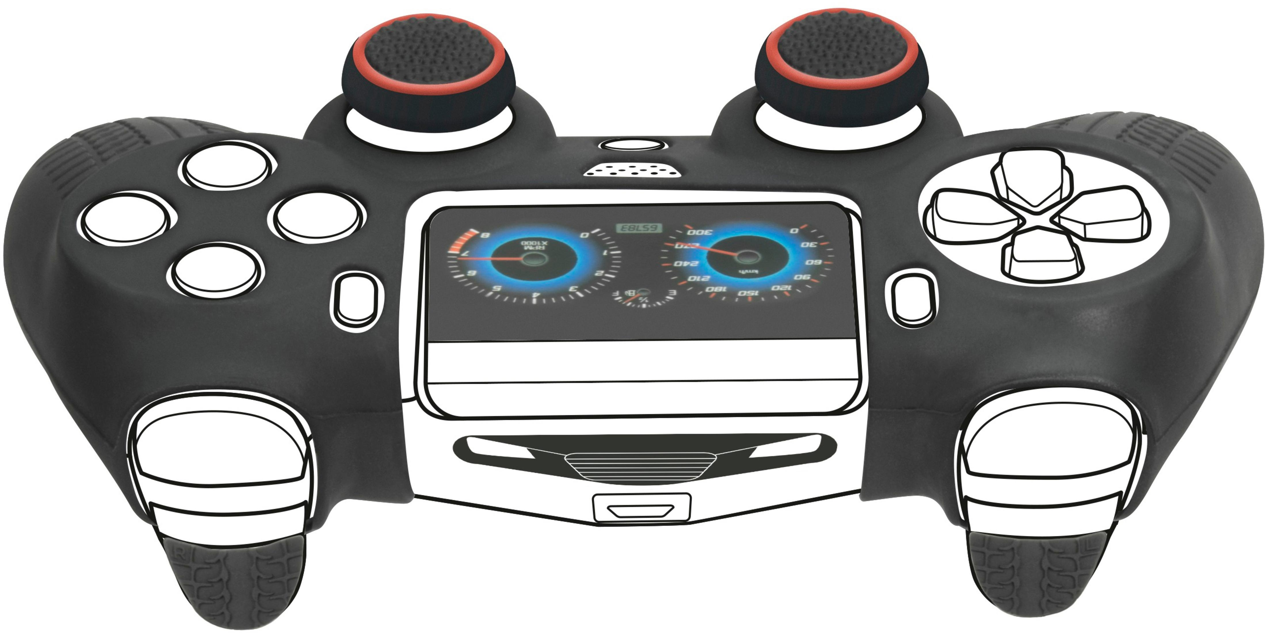 Schwarzes Gamepad mit weißen Highlights, Bildschirm mit Anzeigen und Tasten. Orangefarbene Joystickkappen.