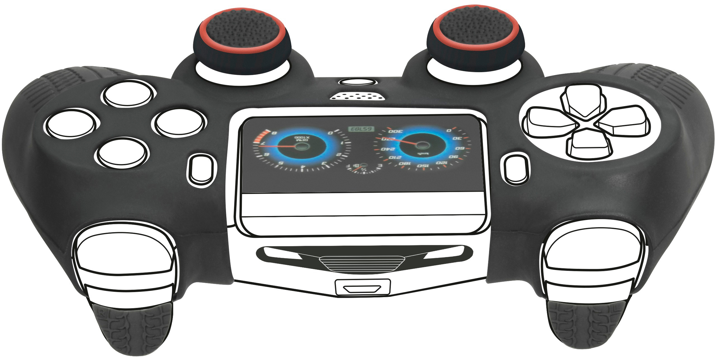 Schwarzer Controller mit Bildschirm. Orangefarbene und schwarze Daumengriffe. Weißer Hintergrund.