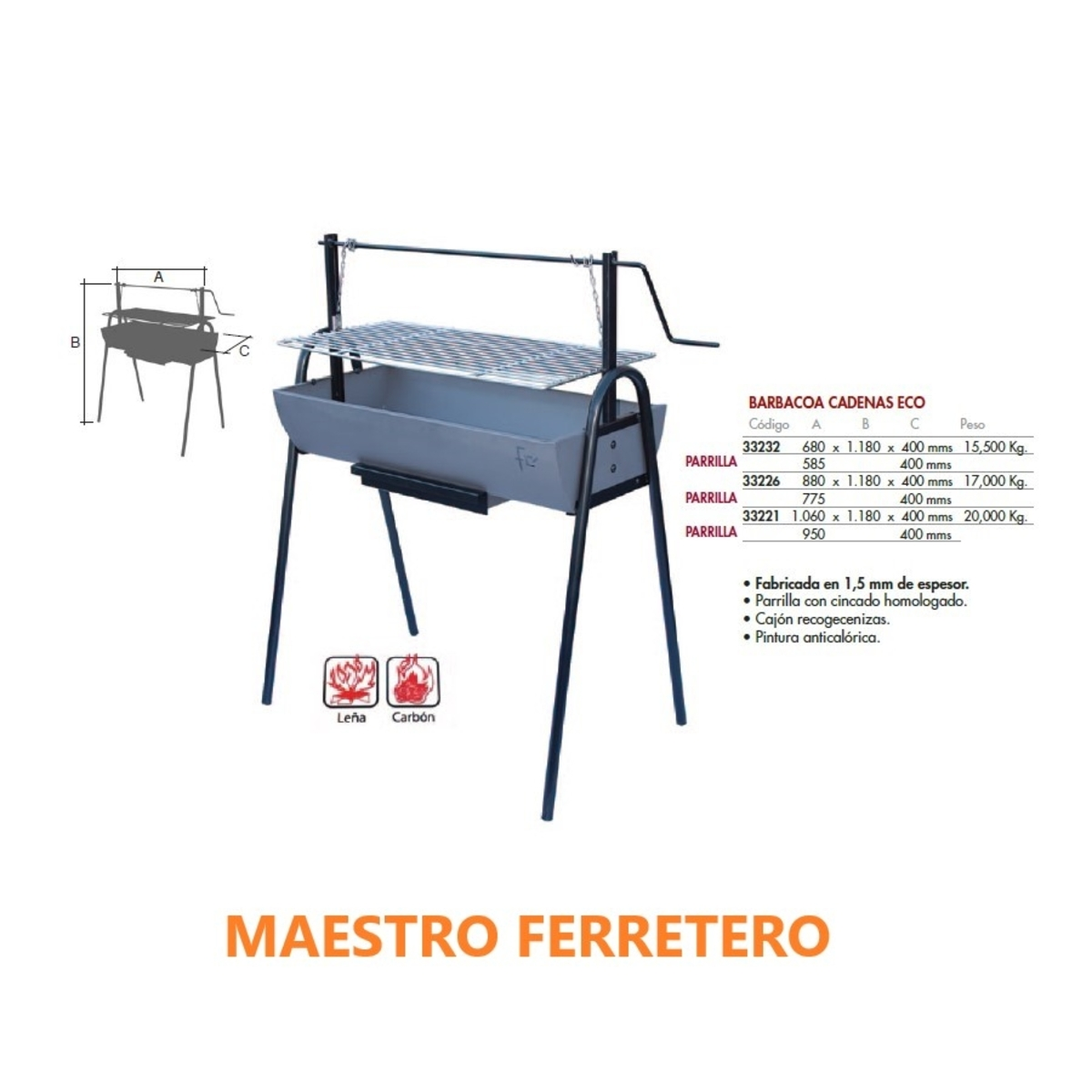 Parrilla exterior con rejilla metálica y sección de carbón o madera. Incluye detalles.