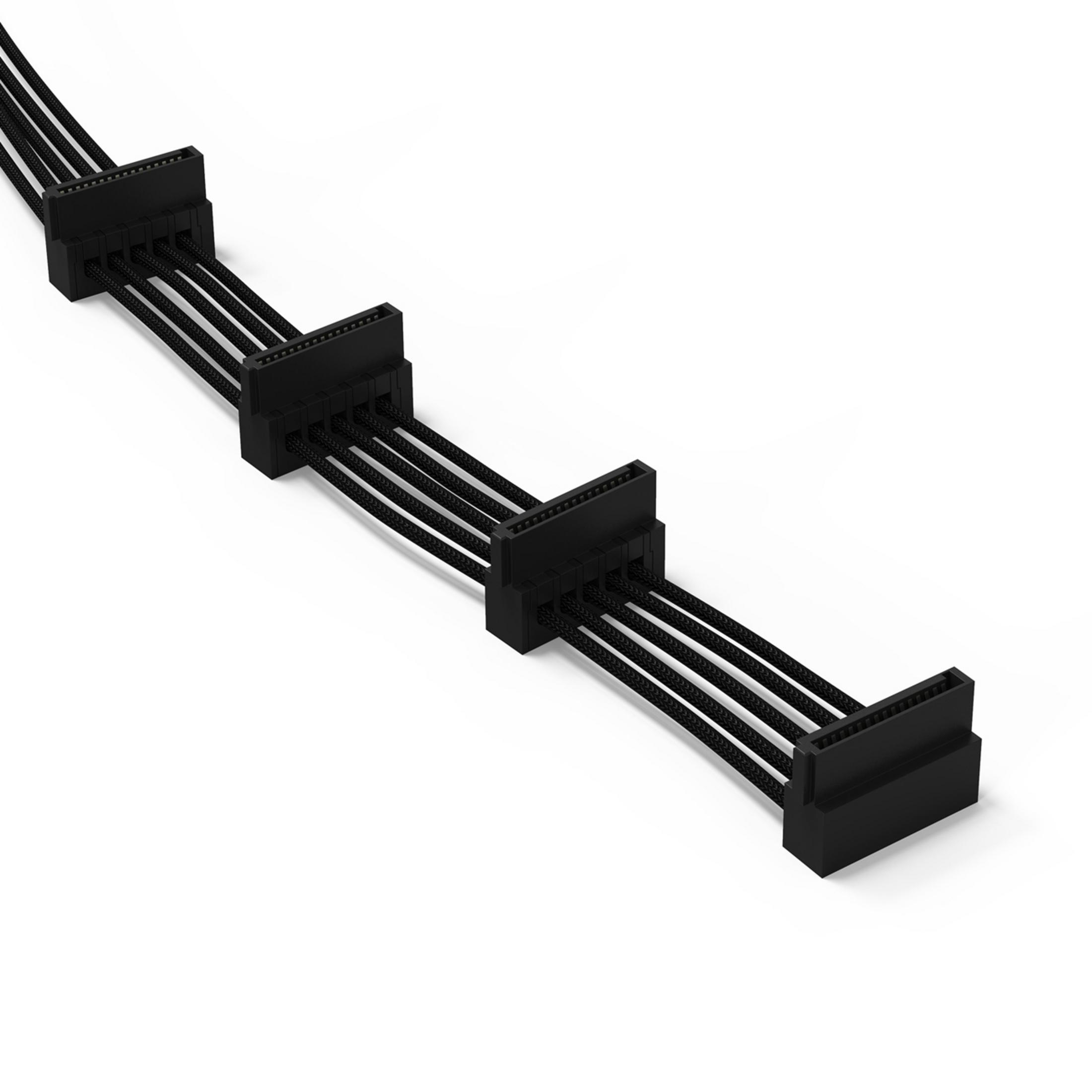 Czarny kabel danych SATA z wieloma złączami, wyizolowany na białym tle.