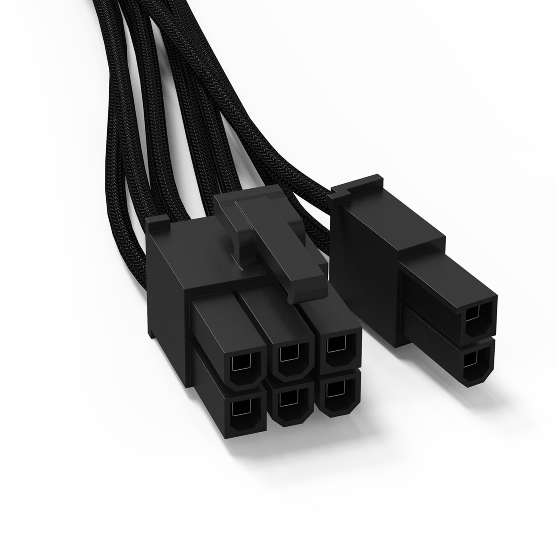 Dwa czarne kable zasilające z wieloma złączami. Kable są na białym tle.
