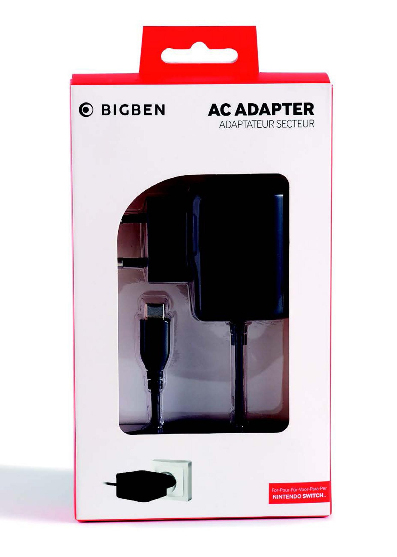 Adattatore CA Bigben in una scatola. Ha una porta USB-C e una spina per Nintendo Switch.