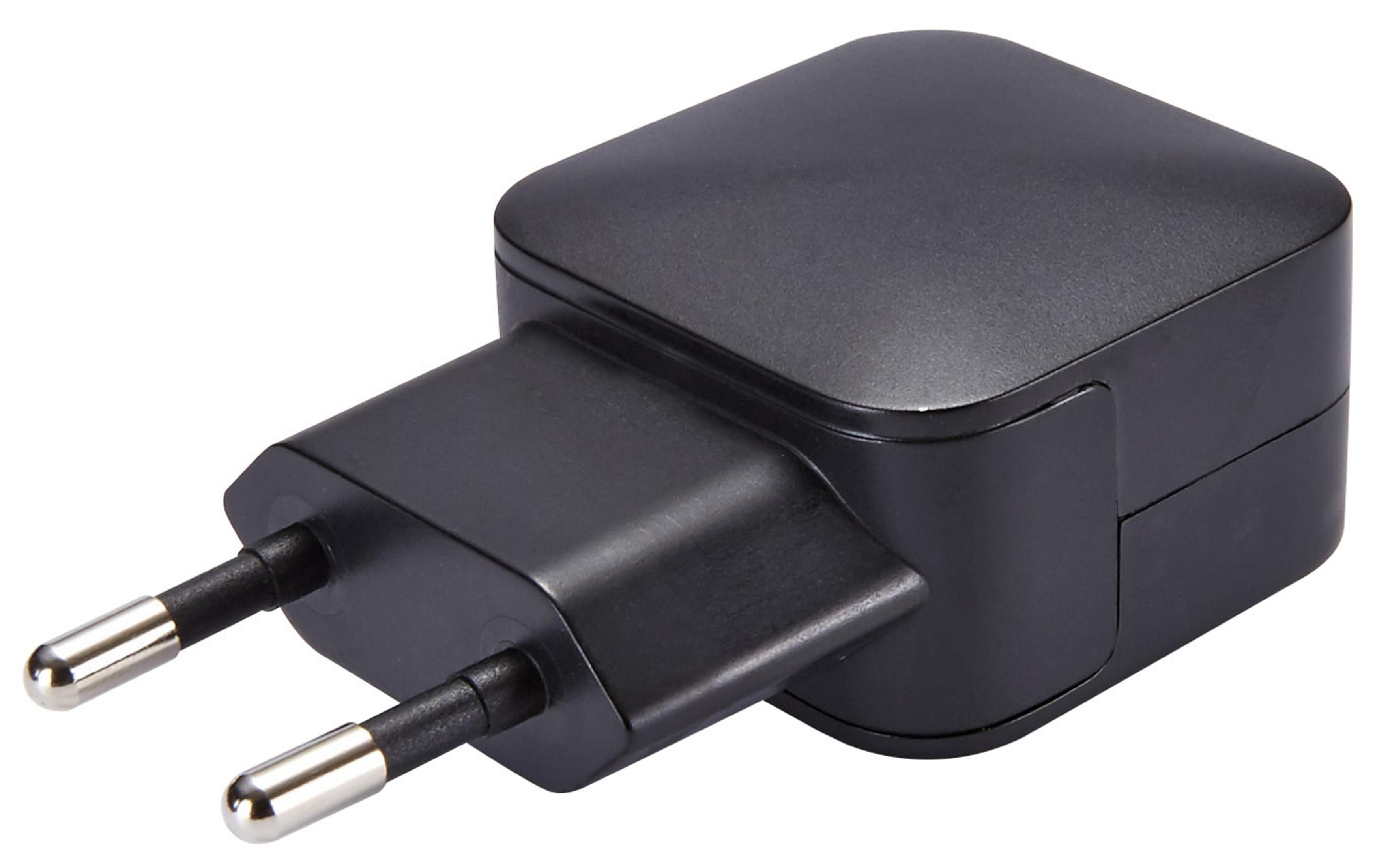 Adattatore per spina europea nero. Ha due pin metallici per la presa e un corpo quadrato nero.