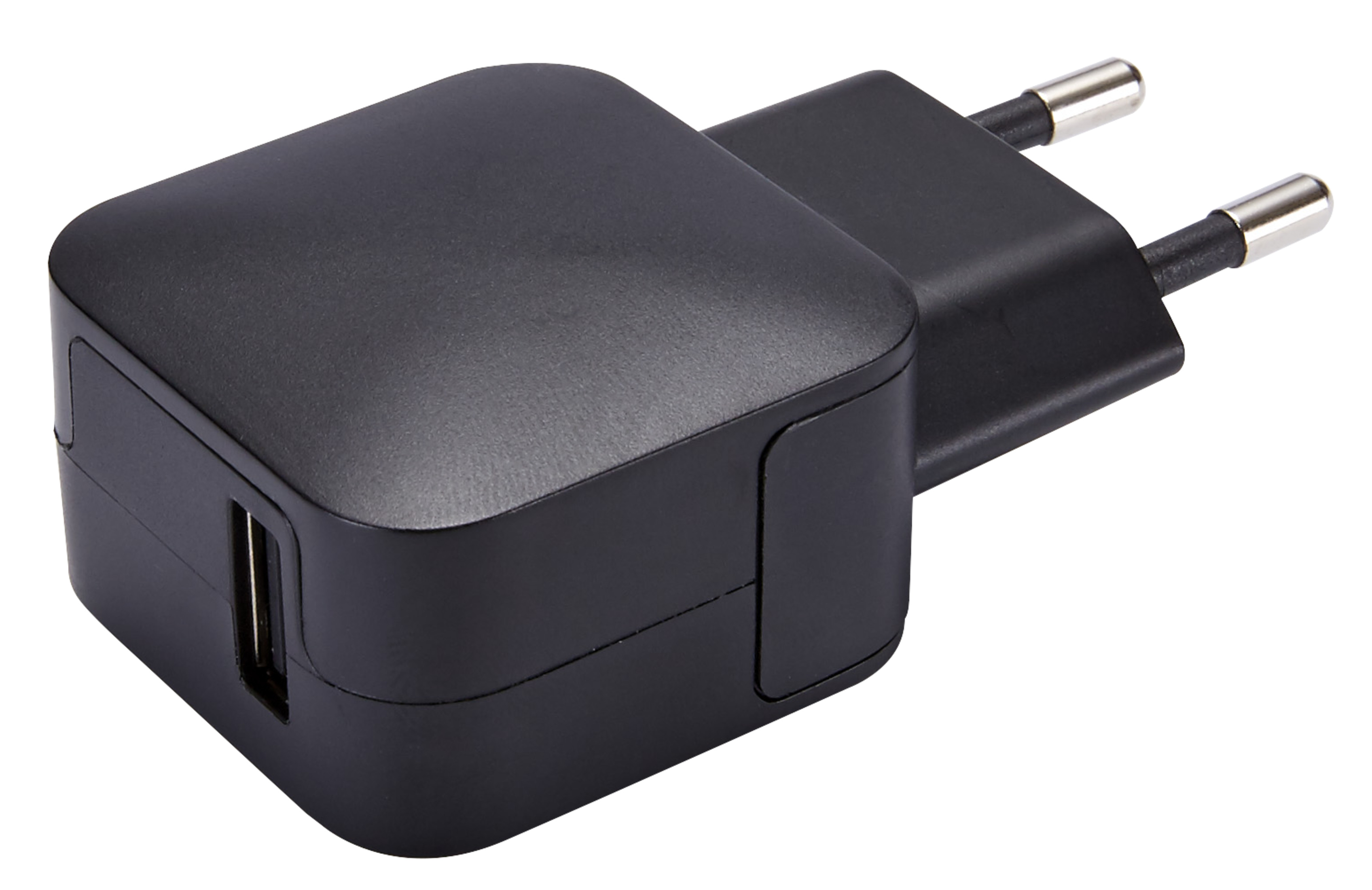 Caricatore USB nero con due spine. Ha una porta USB sul lato.