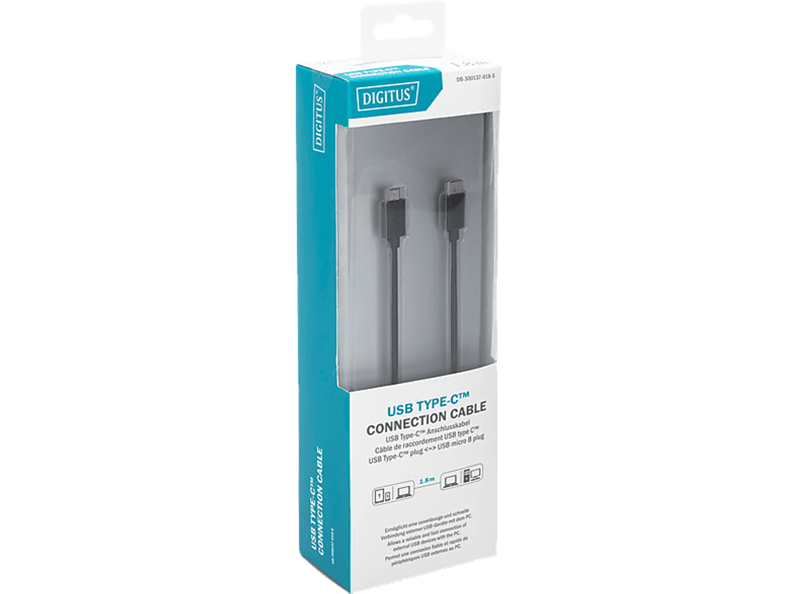 Cable USB-C en embalaje. La caja es negra y azul con el nombre de la marca y detalles del cable.