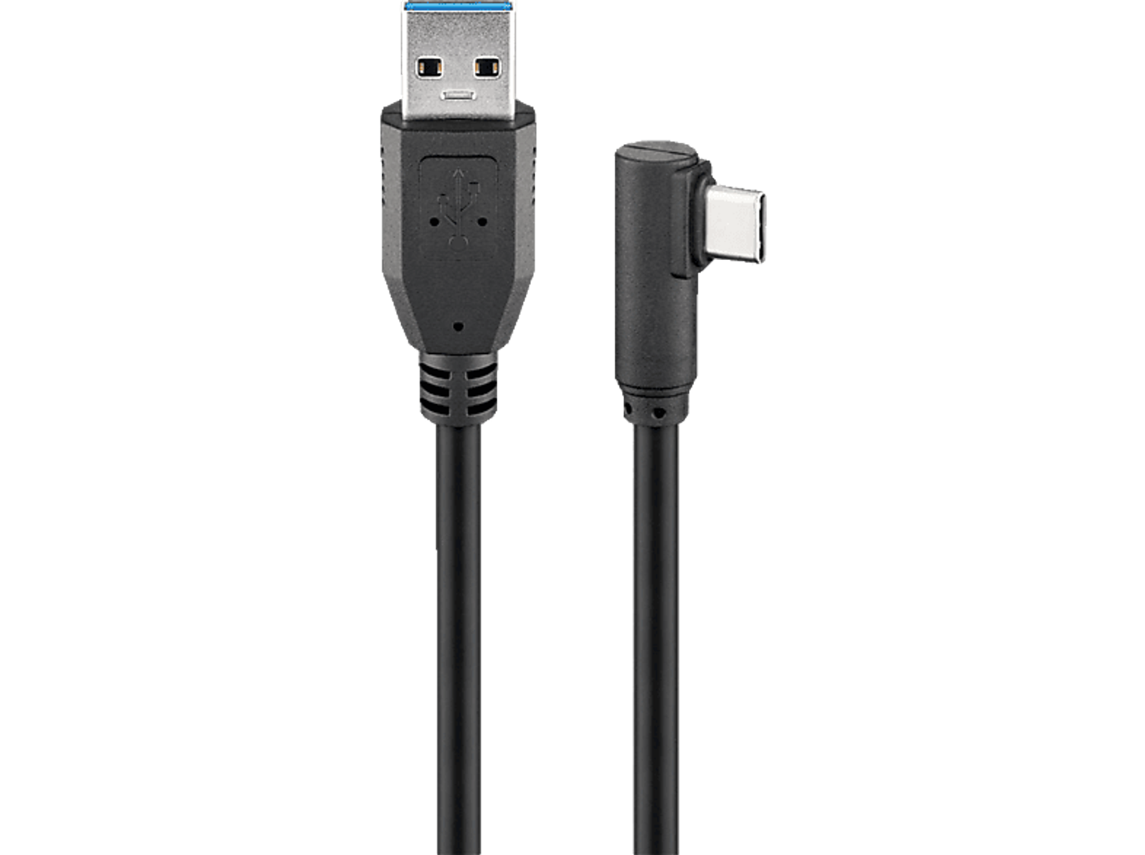 A black USB to USB-C cable, with USB and USB-C connectors.