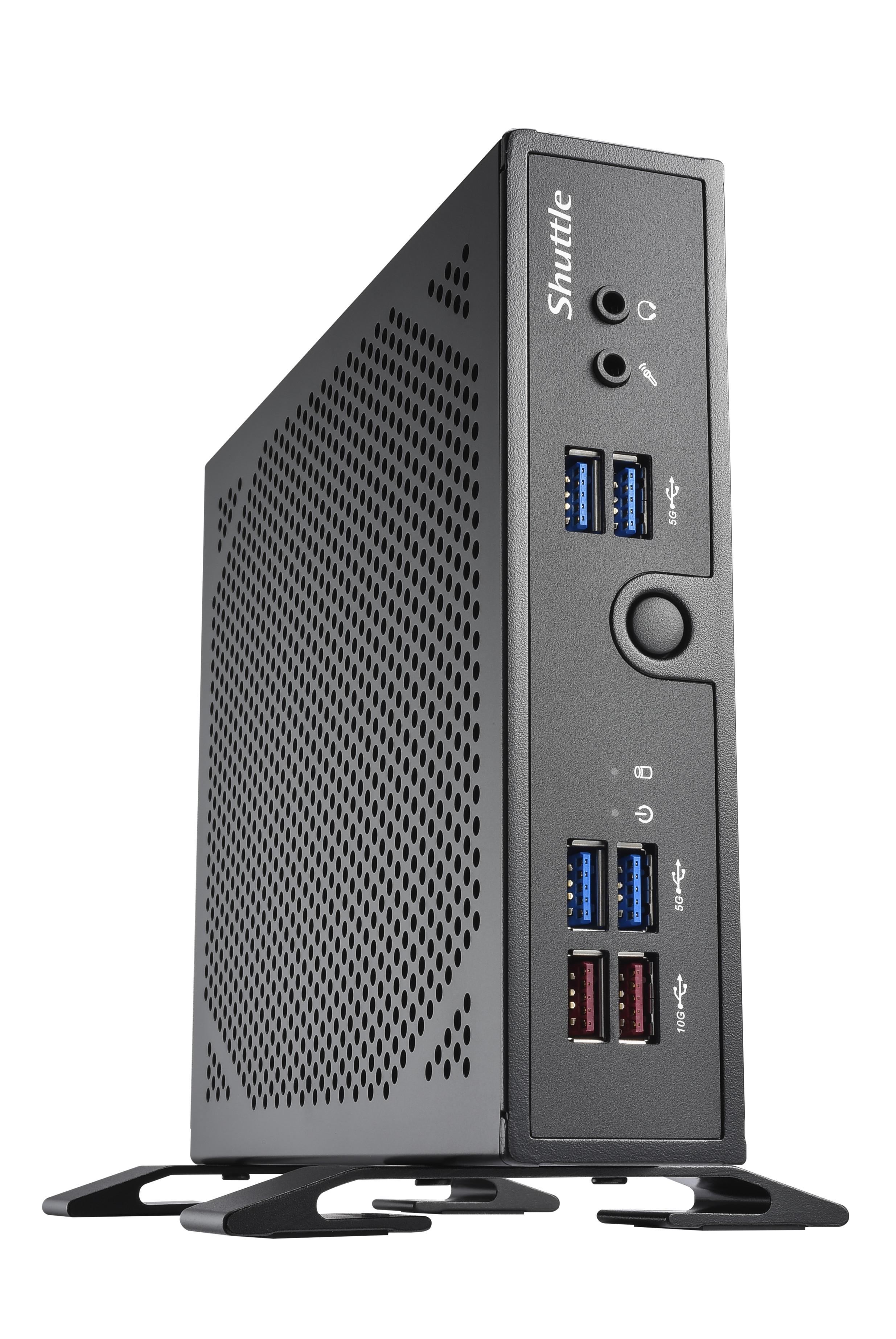 Un case per computer nero con prese d'aria e porte, in piedi su un supporto, isolato su sfondo bianco.