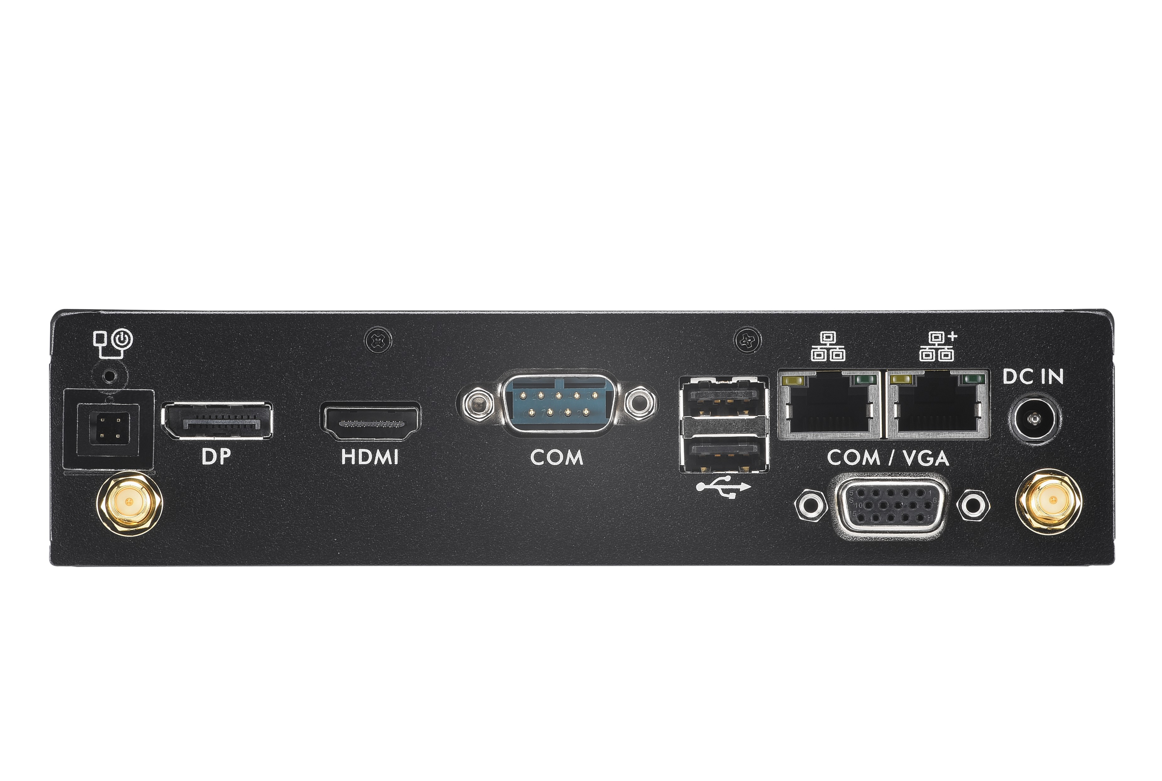 Pannello posteriore di un dispositivo elettronico nero con porte e connettori. Sfondo bianco.