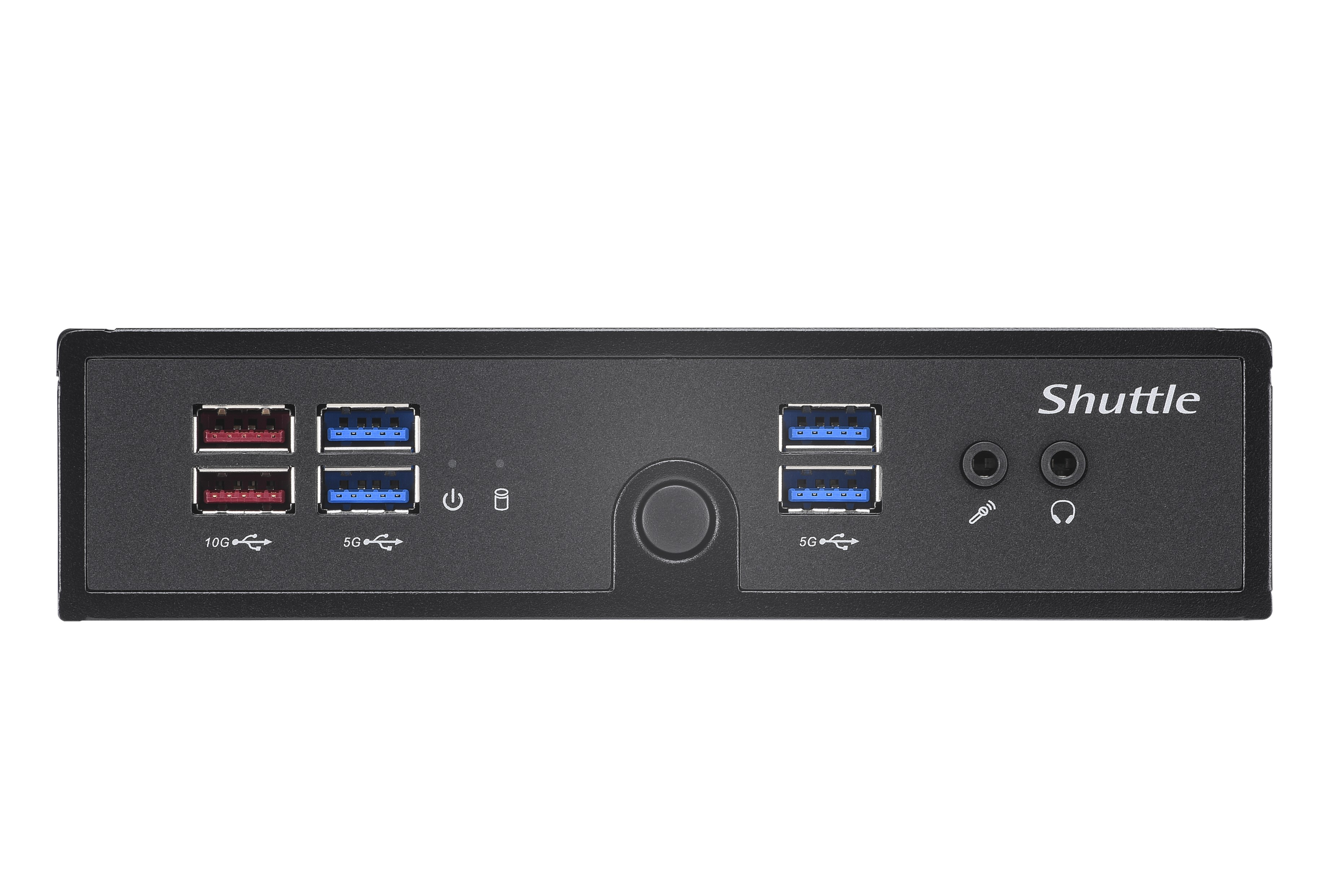 Pannello frontale nero Shuttle PC con porte USB, pulsante di accensione e jack audio.