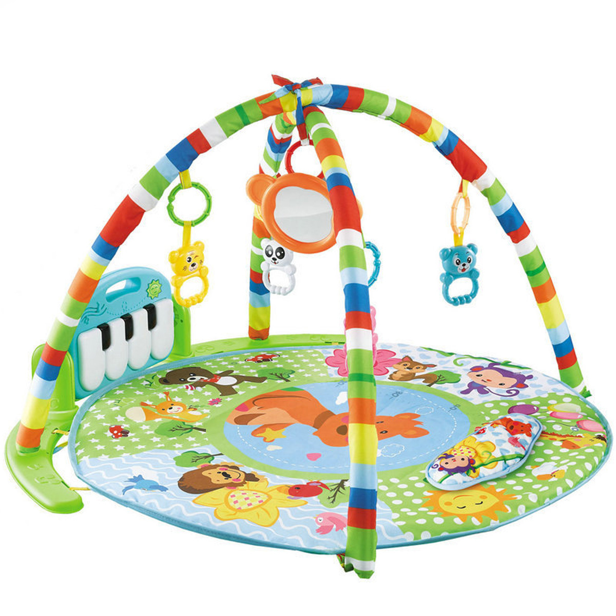 Buntes Babyspiel-Gym mit Spielzeug, Spiegel und einer Piano-Tastatur.