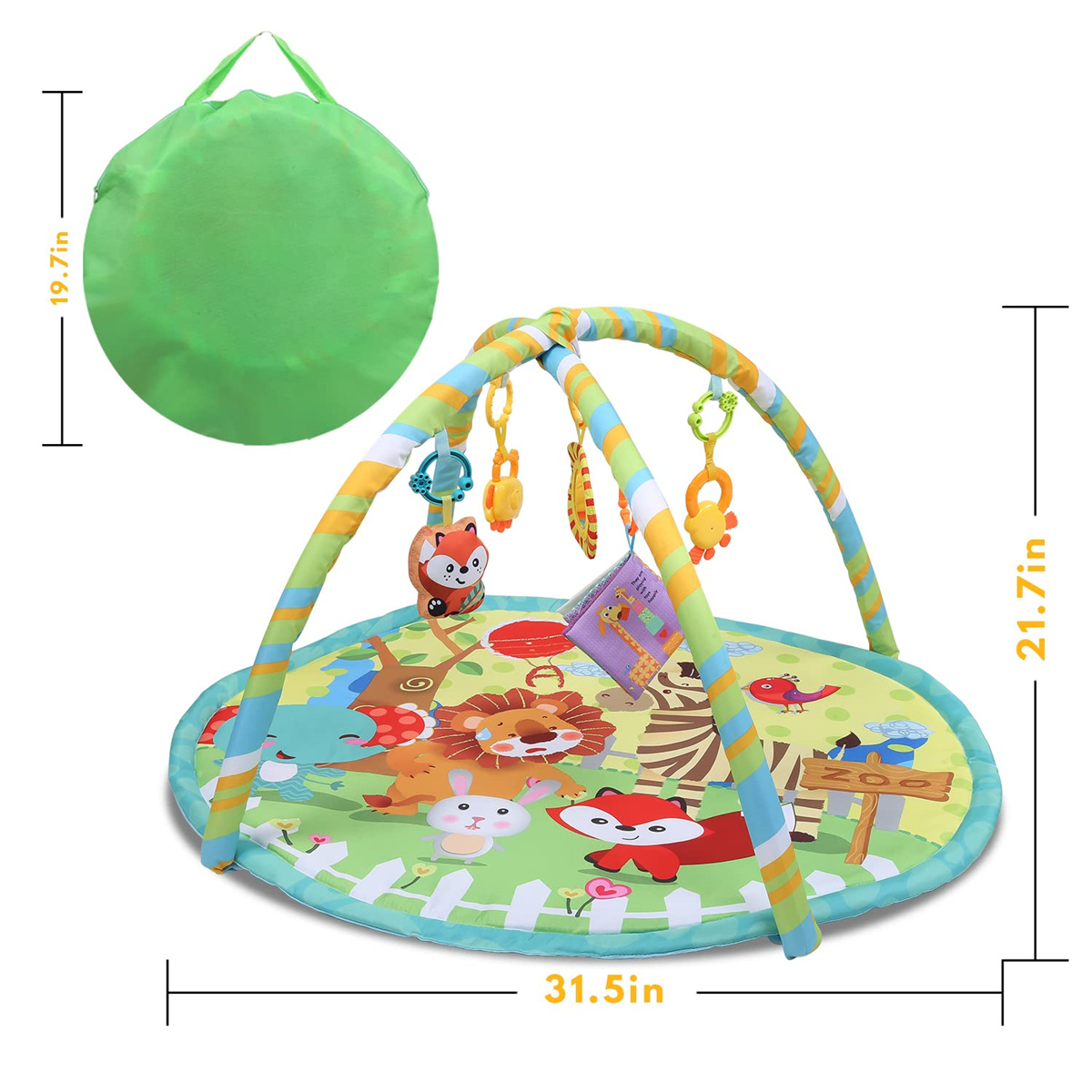 Spielmatte mit grünem Aufbewahrungsbeutel. Matte hat ein farbenfrohes Design mit Tieren und Bögen.