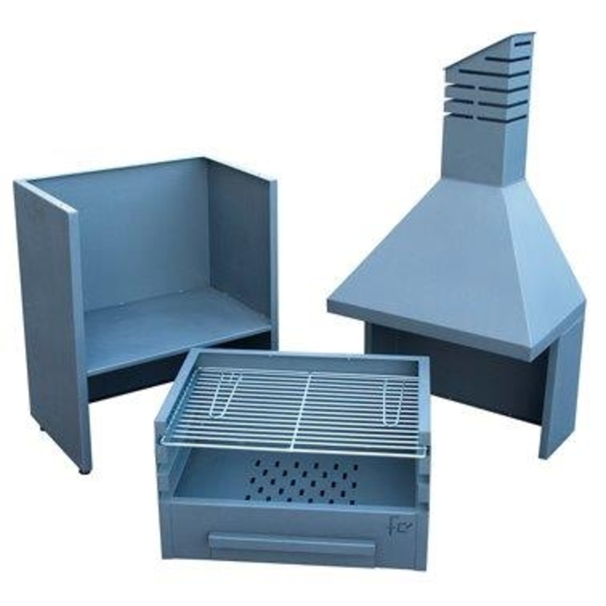 Tres componentes de barbacoa azul para exteriores: una parrilla, un armario y una chimenea. Fondo blanco.