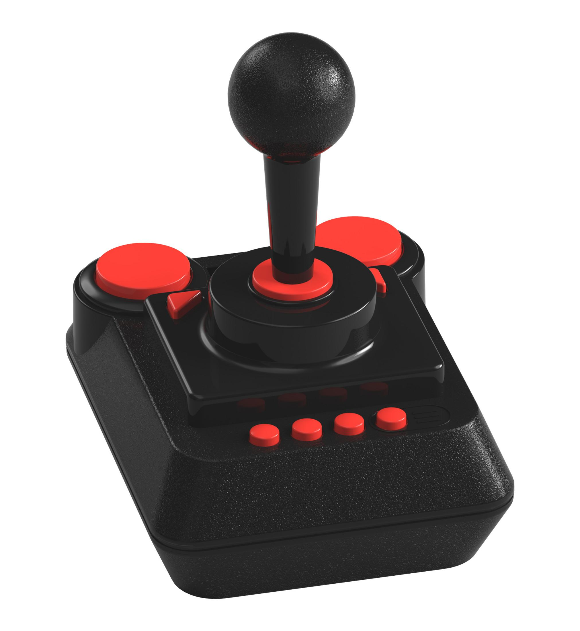 Schwarzer und roter Joystick mit rundem Kopf und vier roten Knöpfen.