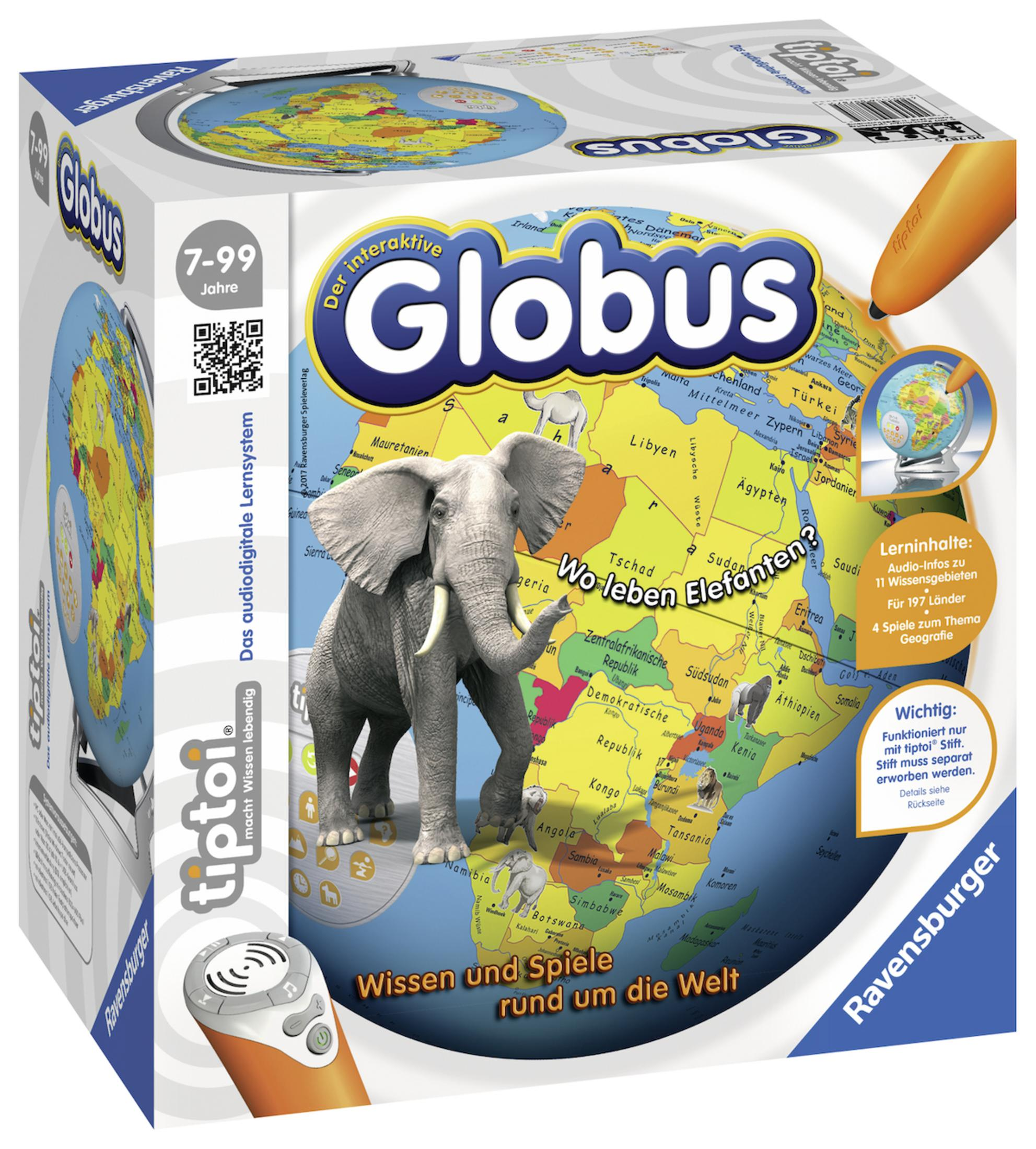 Eine Globus-Box mit Elefantenillustration, Text auf Deutsch und einem Stift rechts.