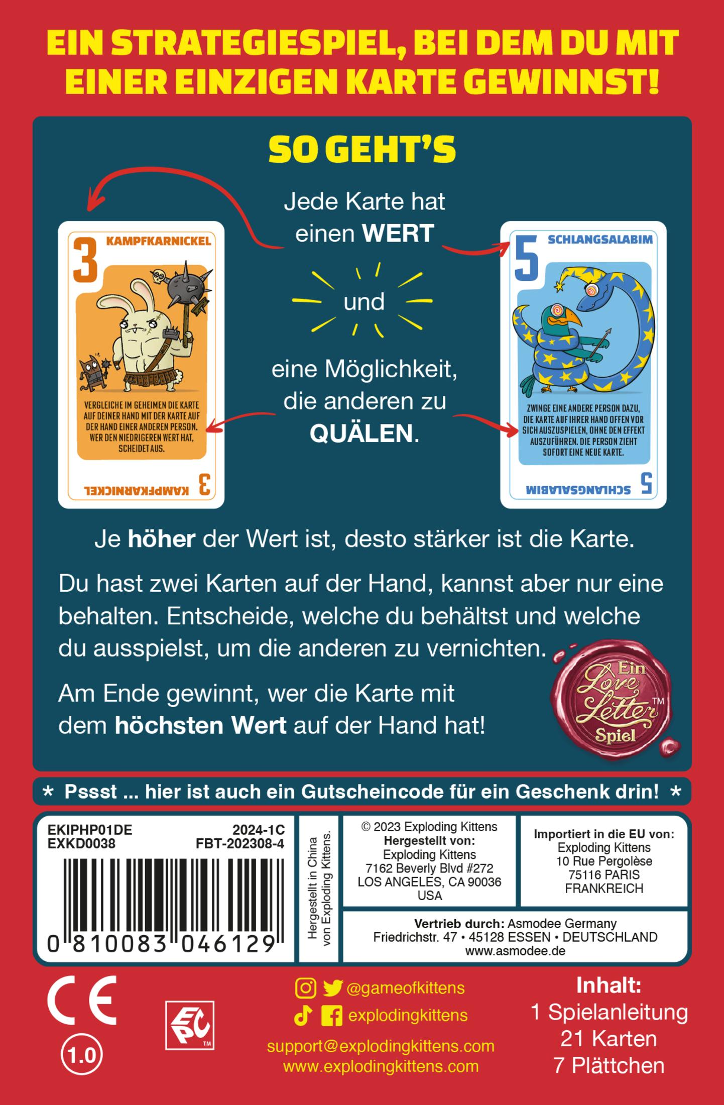 Die Rückseite einer Kartenspielbox. Es hat Text und ein Bild von einem Kaninchen und einer Schlange.