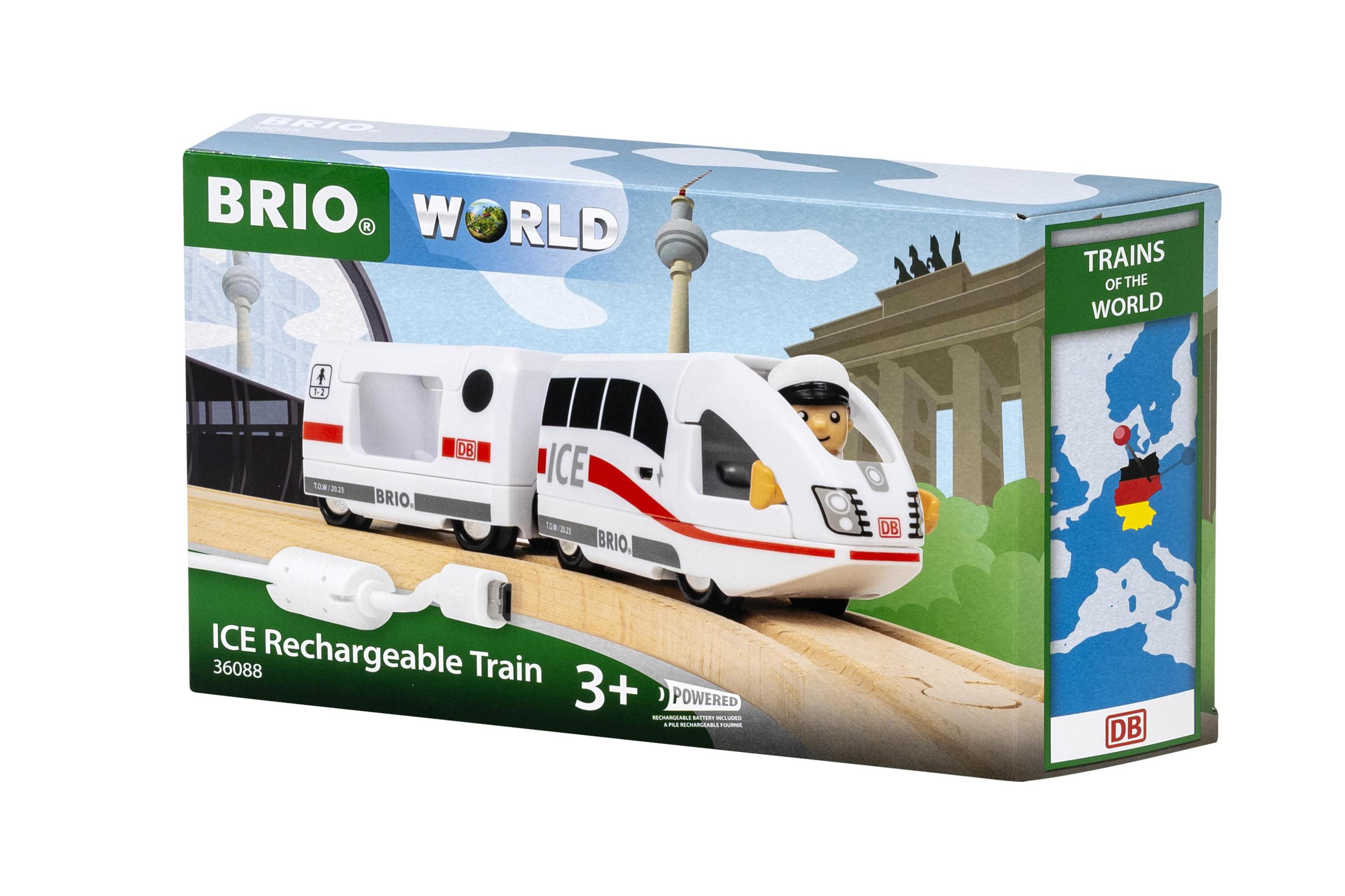 Una caja de juego de trenes Brio que muestra un modelo de tren ICE recargable blanco.