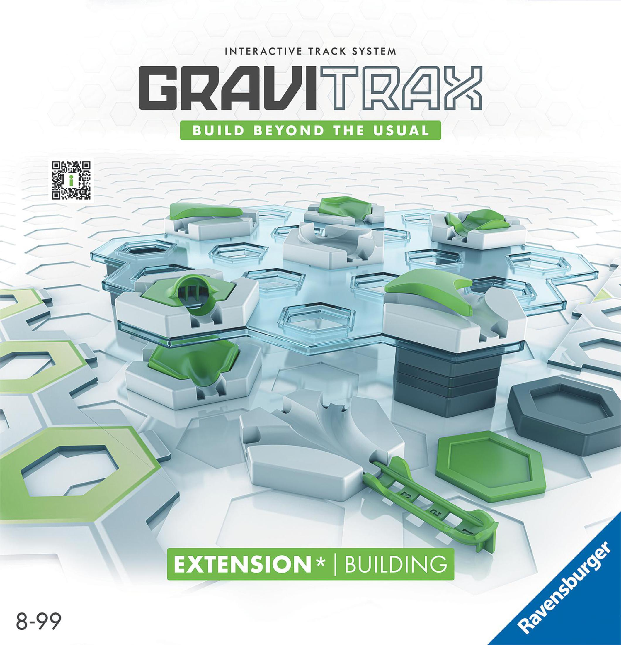 GraviTrax-Streckensystemkomponenten: Sechseckfliesen, Kurven und ein Turm.