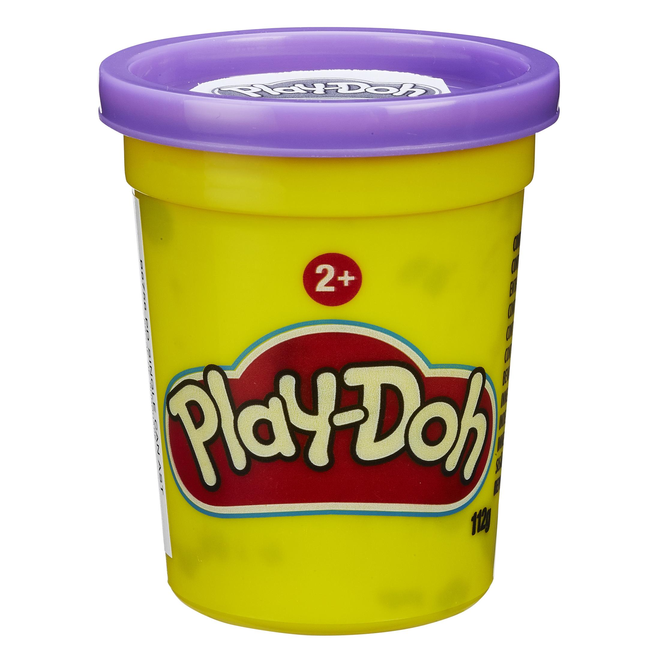 Un recipiente de Play-Doh amarillo con una tapa morada. La etiqueta dice 'Play-Doh' en rojo y blanco.