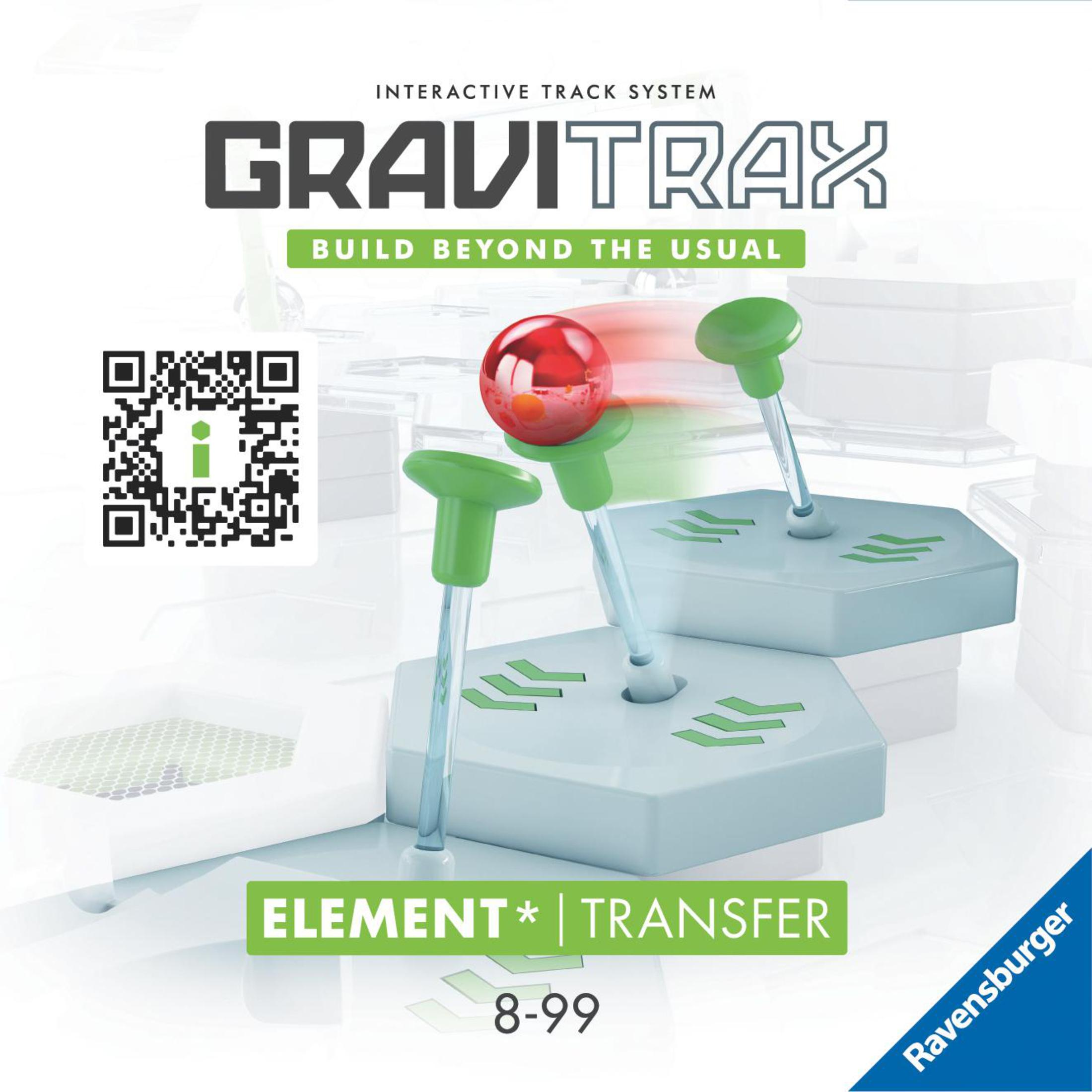 Un set di giocattoli Gravitrax con una palla rossa ed elementi verdi. La scatola dice 'Build Beyond the Usual'.