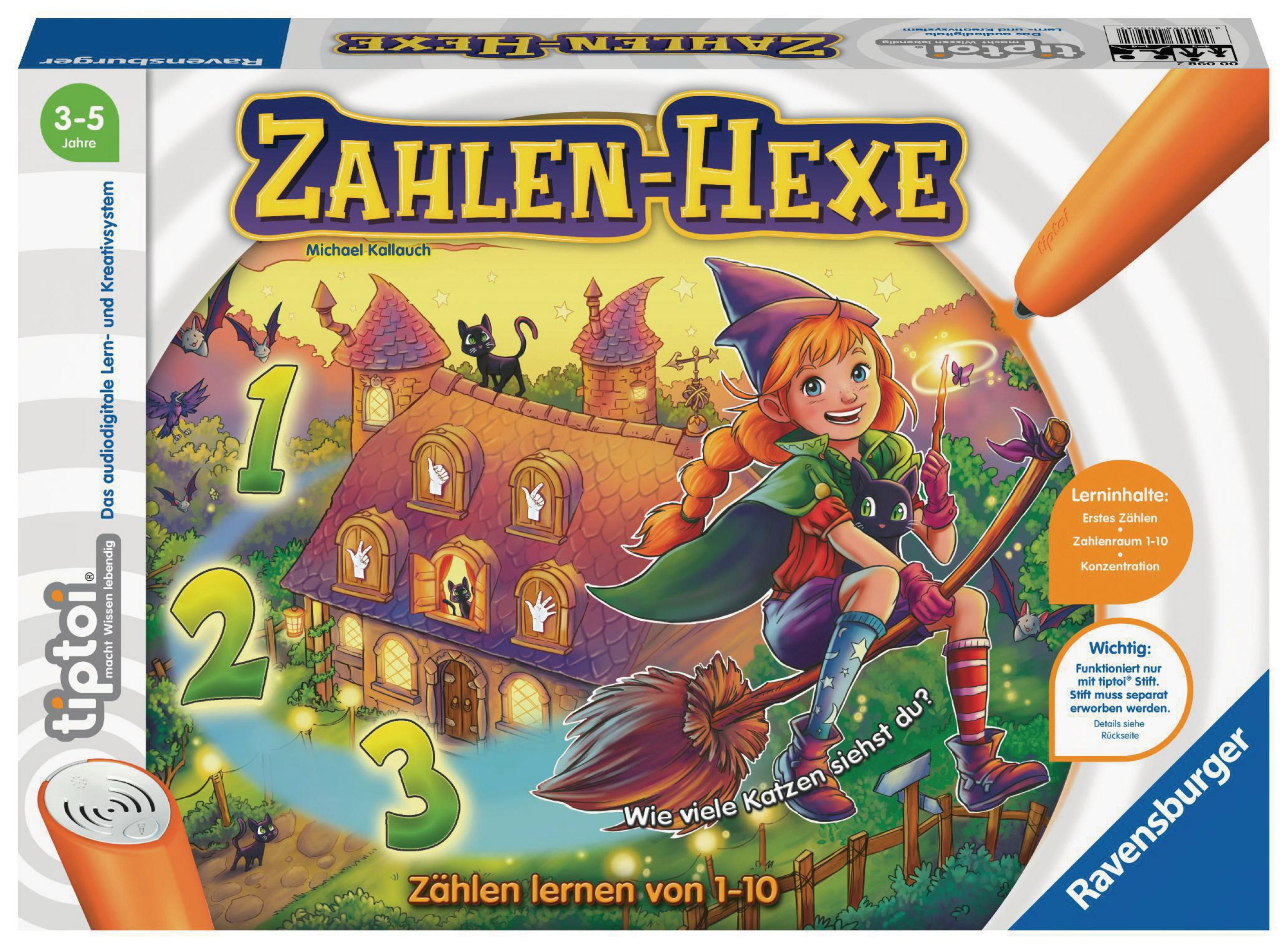 Brettspielbox mit Hexenillustration, Zahlen 1, 2, 3. Spielname ist 'Zahlen-Hexe'.