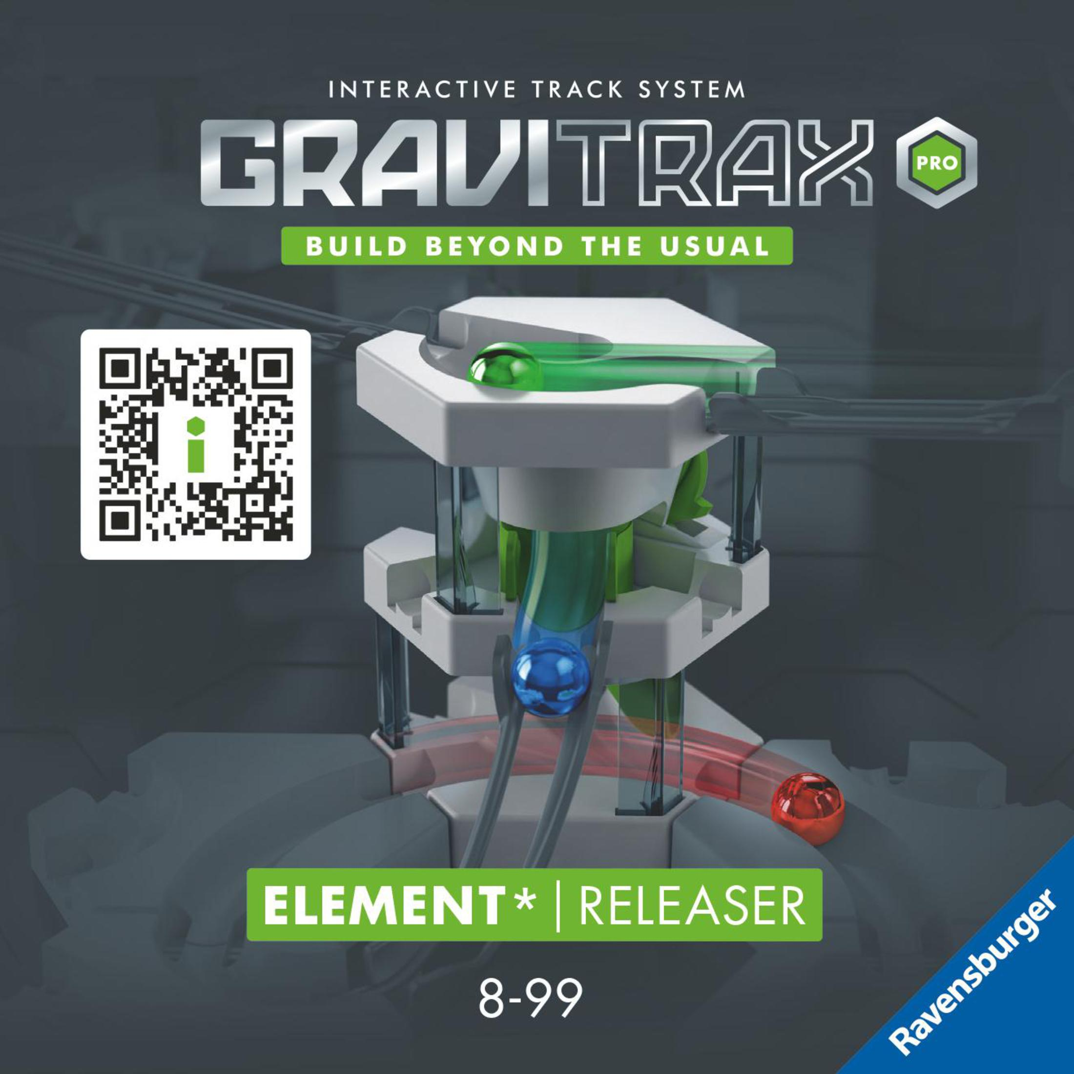 Set di costruzione Gravitrax pro con un codice QR e palline colorate su sfondo bianco.