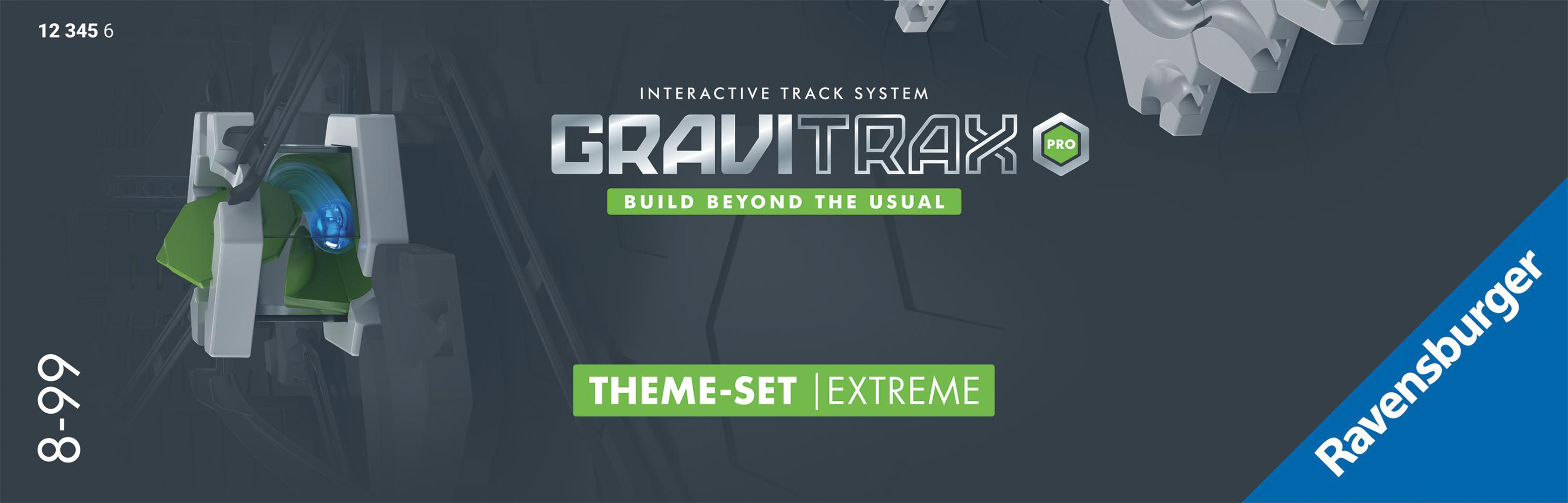 GraviTrax Pro-Box mit Text 'BUILD BEYOND THE USUAL'. Grün, weiß und grau.