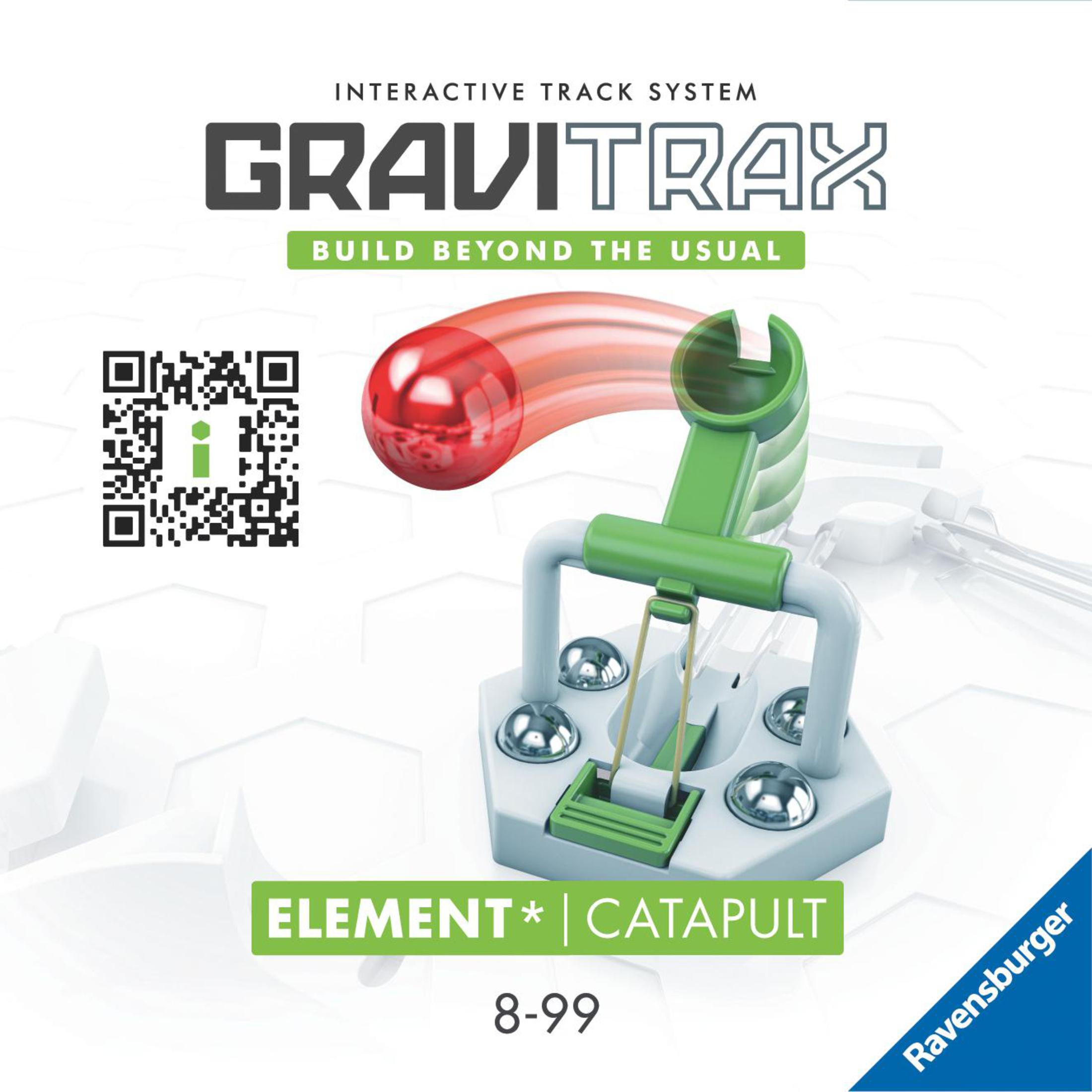Boîte du set Gravitrax avec bille rouge en mouvement, catapulte et logo de la marque, avec un code QR.