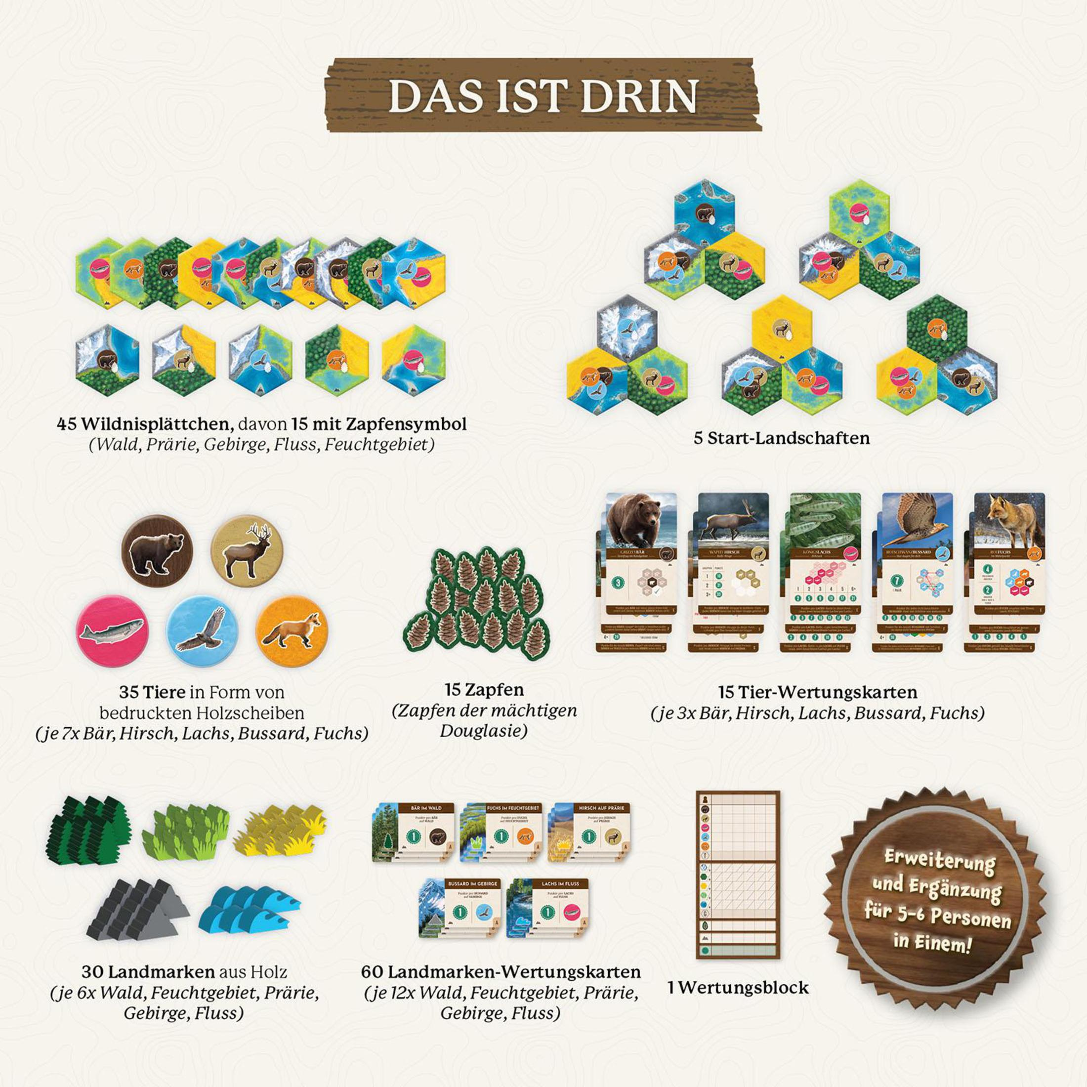 Elementy gry planszowej: sześciokątne płytki ze zwierzętami i krajobrazami, karty i blok wyników.