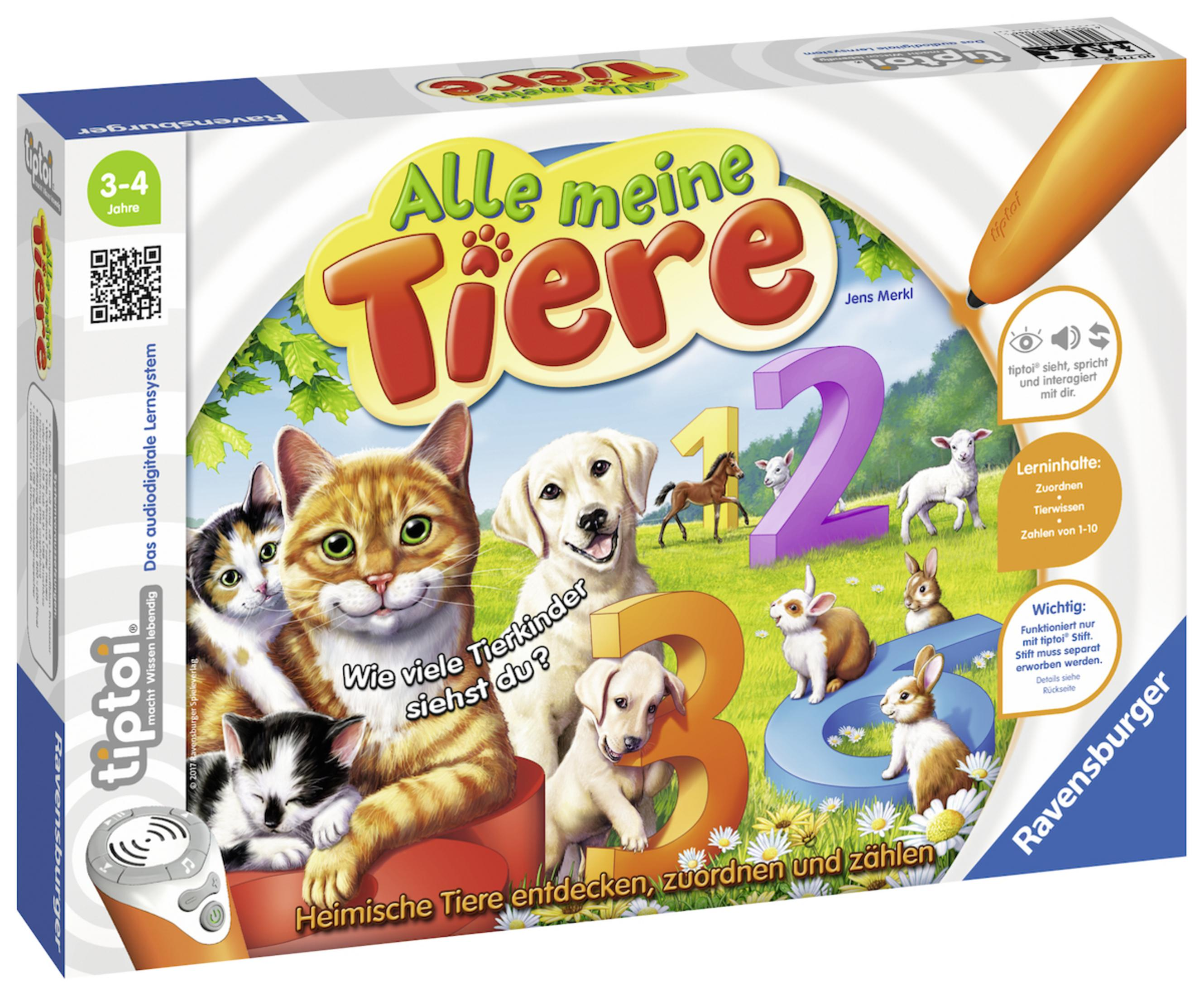 Schachtel eines Kinderspielbretts mit Tierbildern und Text auf Deutsch. Enthält einen Stift.