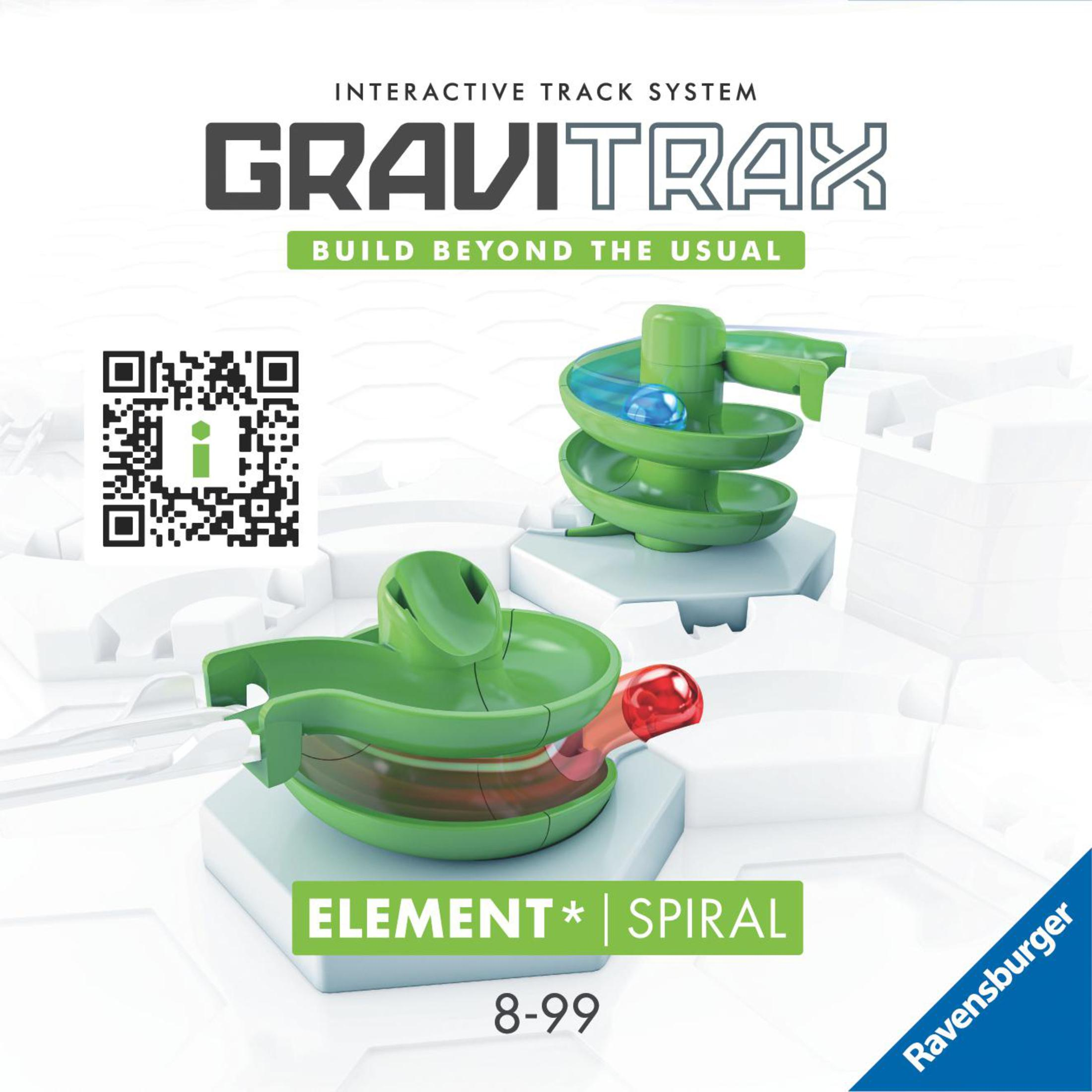 Gravitrax-baansysteem met groene banen en een blauwe bal, met tekst en een QR-code.