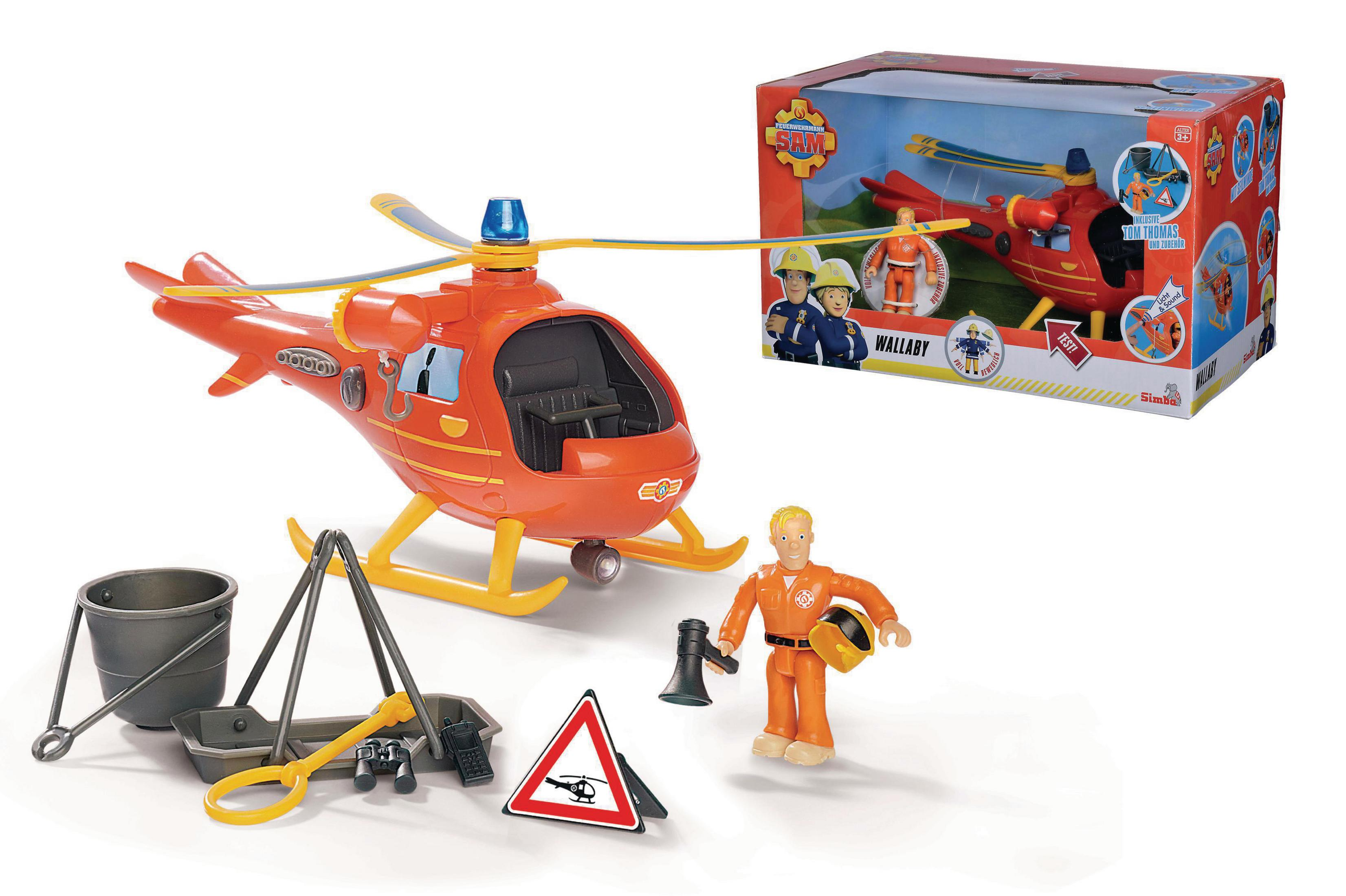 Oranger Helikopterspielzeug mit Zubehör und einer Figur eines Feuerwehrmanns, sowie eine Box.