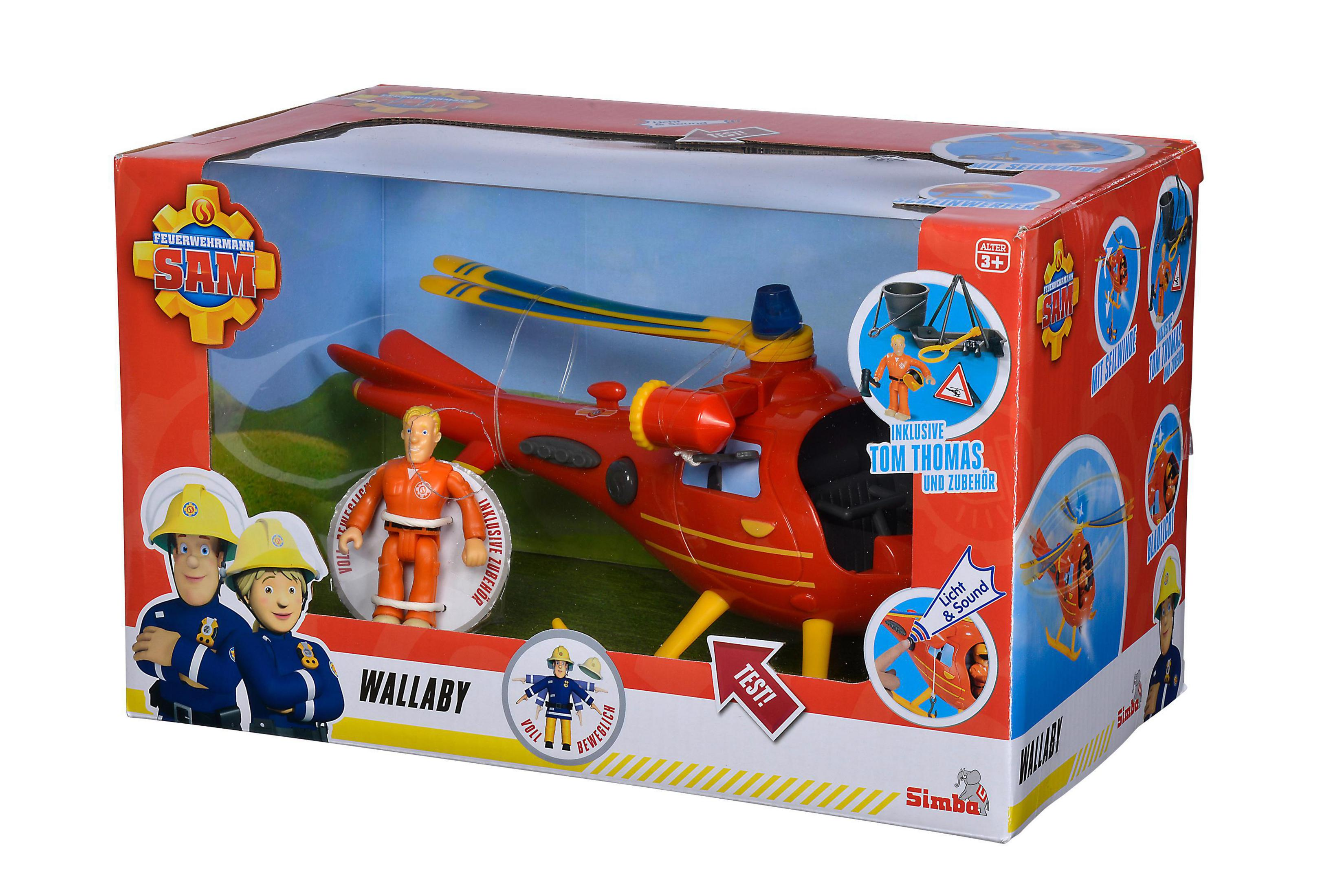 Spielzeugset: ein roter Hubschrauber und eine Feuerwehrmannfigur in einer Schachtel mit Grafiken.