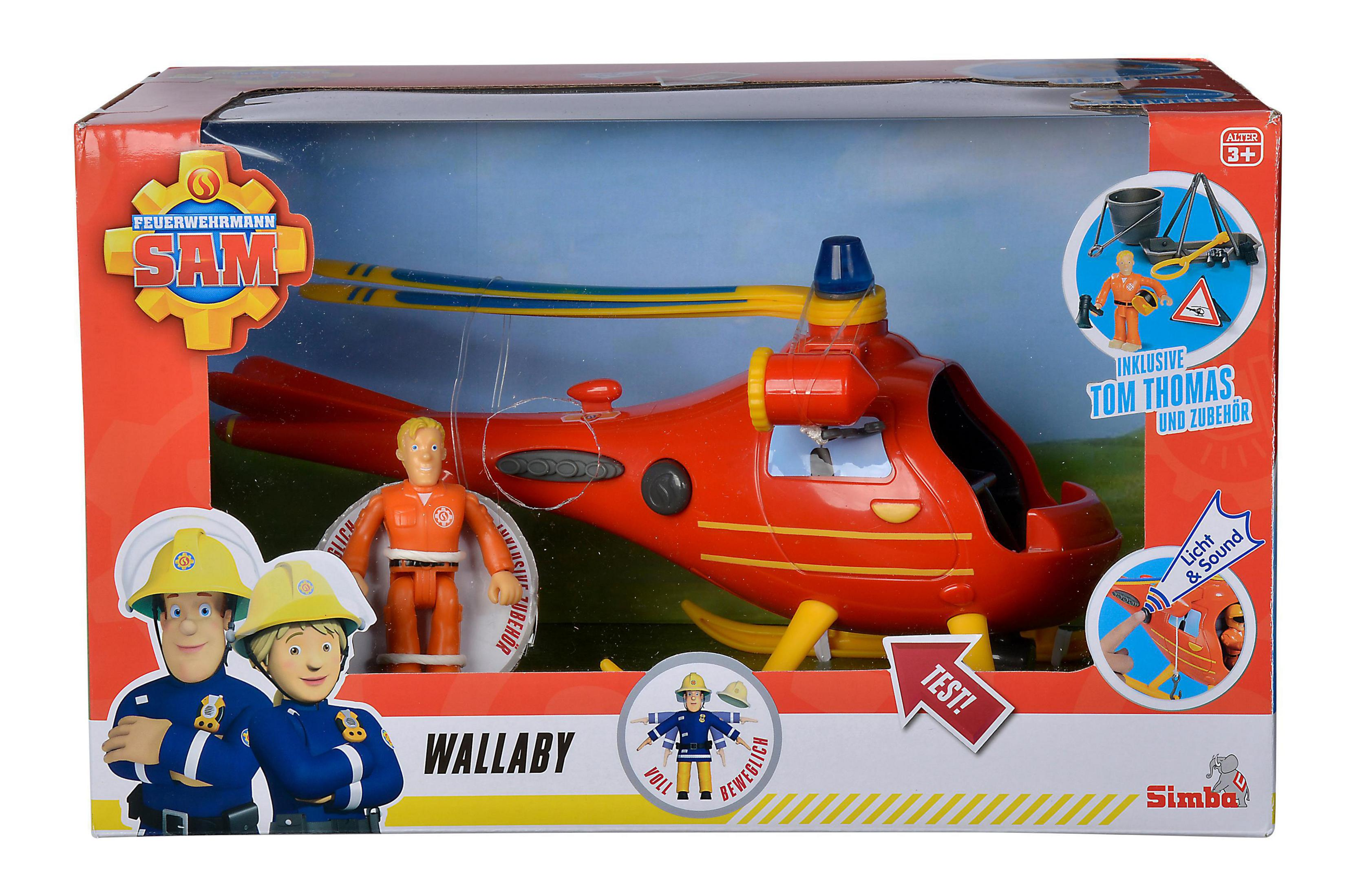 Spielzeugset eines Feuerwehrhubschraubers und Figuren, in einer Schachtel mit Text.