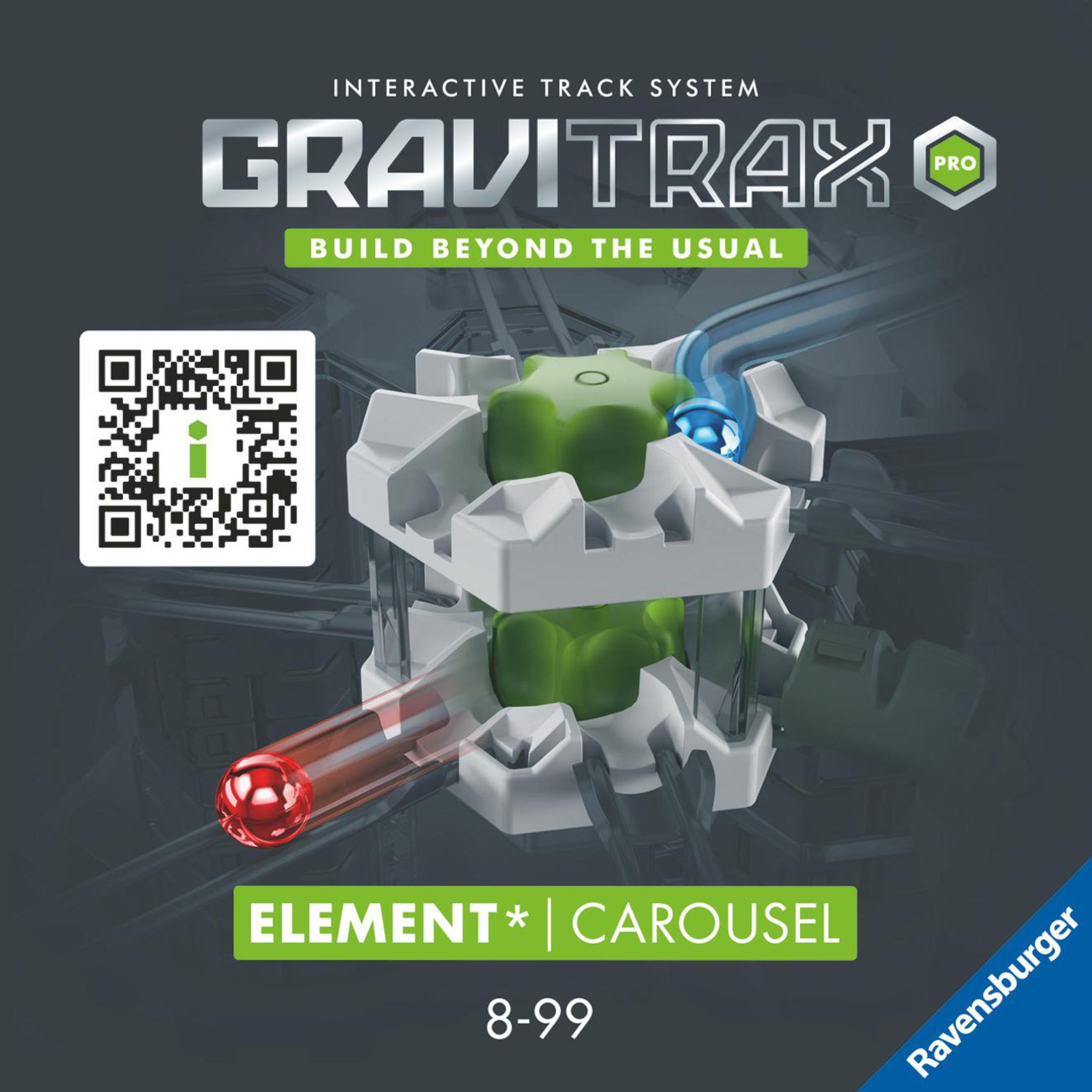 GraviTrax Karussell-Element. Weiße und grüne Konstruktion mit roter Kugel und blauem Rohr.