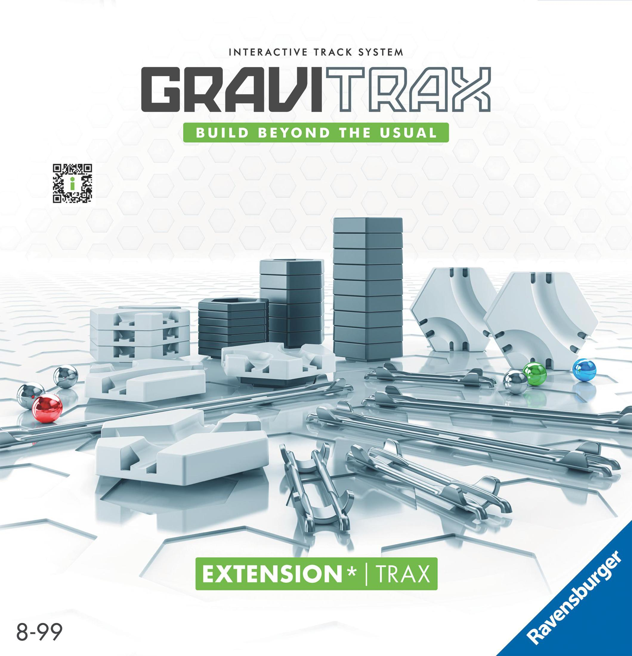 Set giocattolo Gravitrax con piste, blocchi e sfere. Elementi neri, grigi, bianchi.