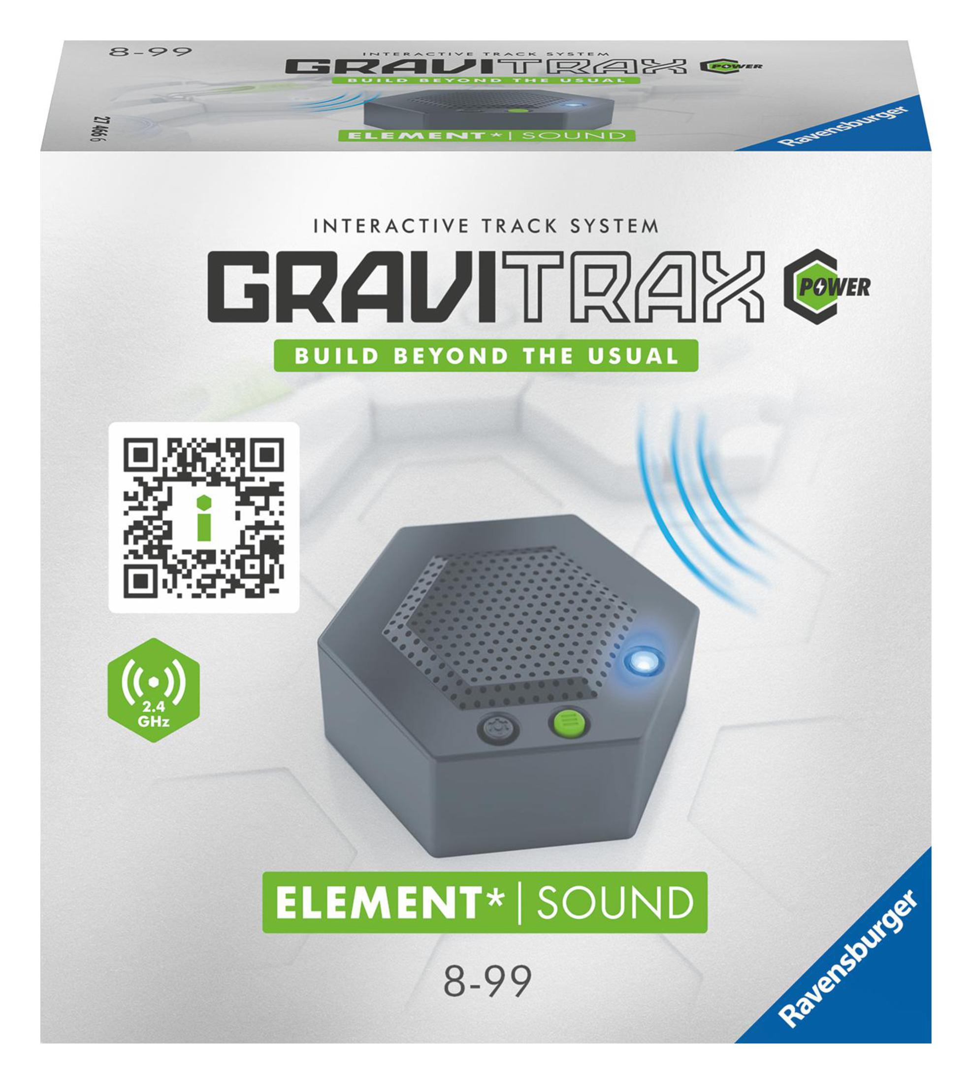 Eine Box für GraviTrax, ein interaktives Streckensystem, mit einem sechseckigen Soundelement und einem QR-Code.