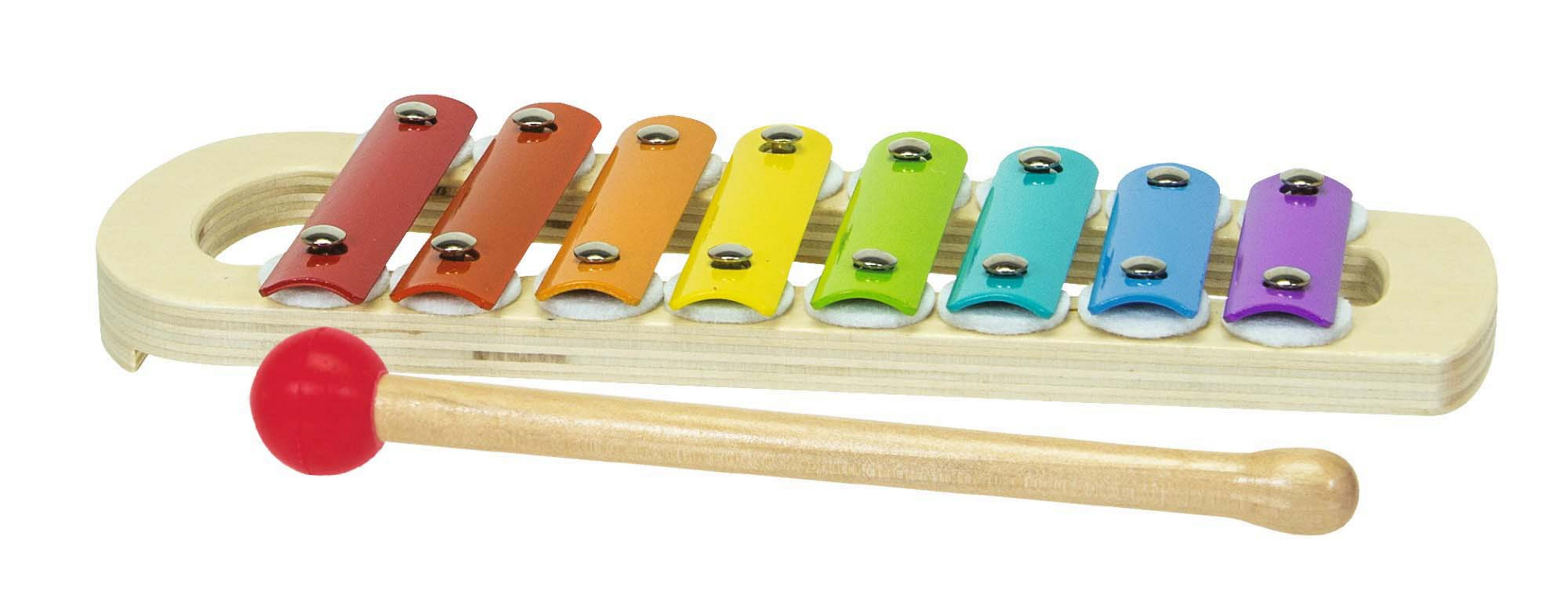 Holz-Xylophon mit regenbogenfarbenen Stäben, daneben liegt ein roter Schlägel.