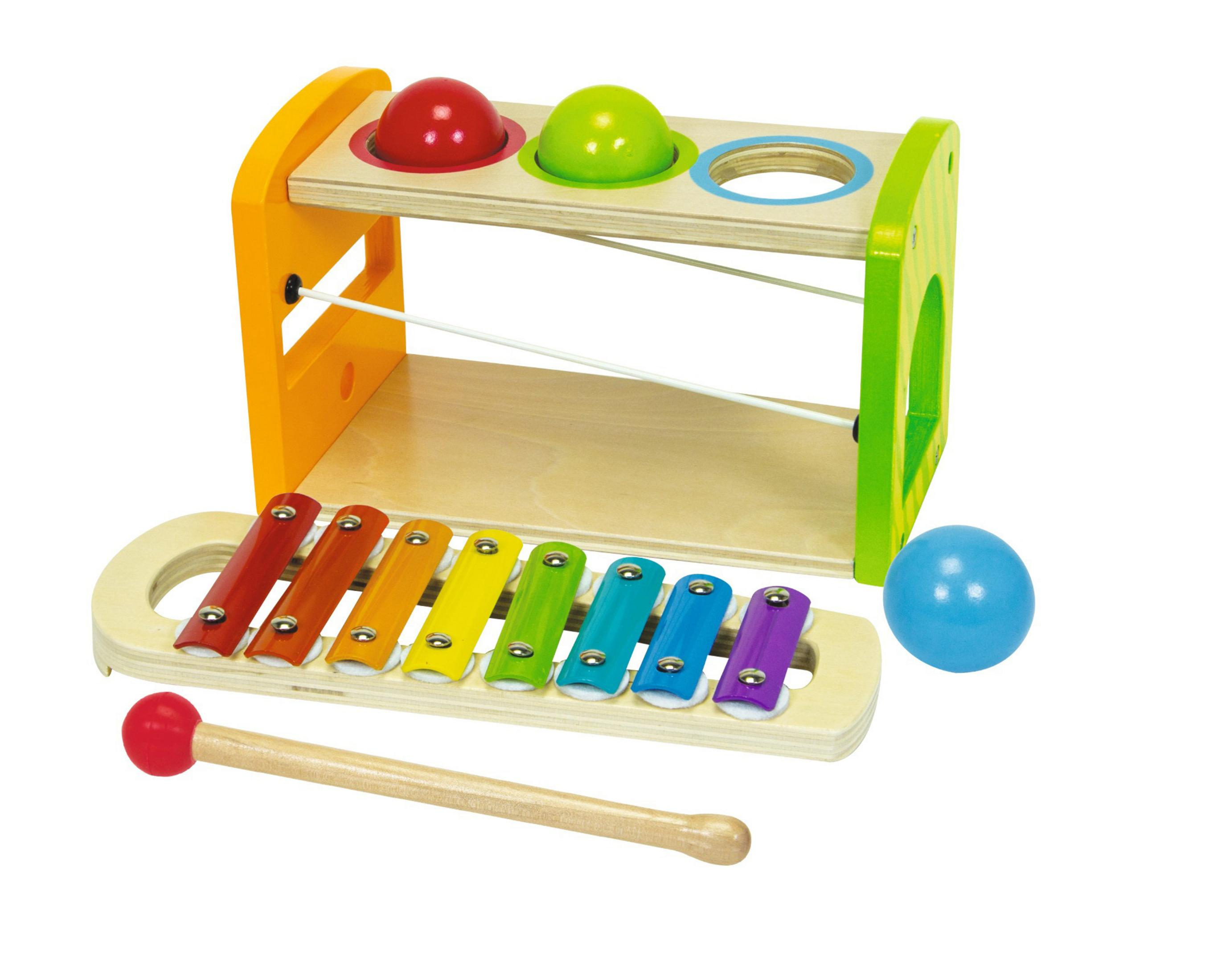 Holz-Xylophon-Spielzeug mit bunten Tasten und rotem Schlägel.