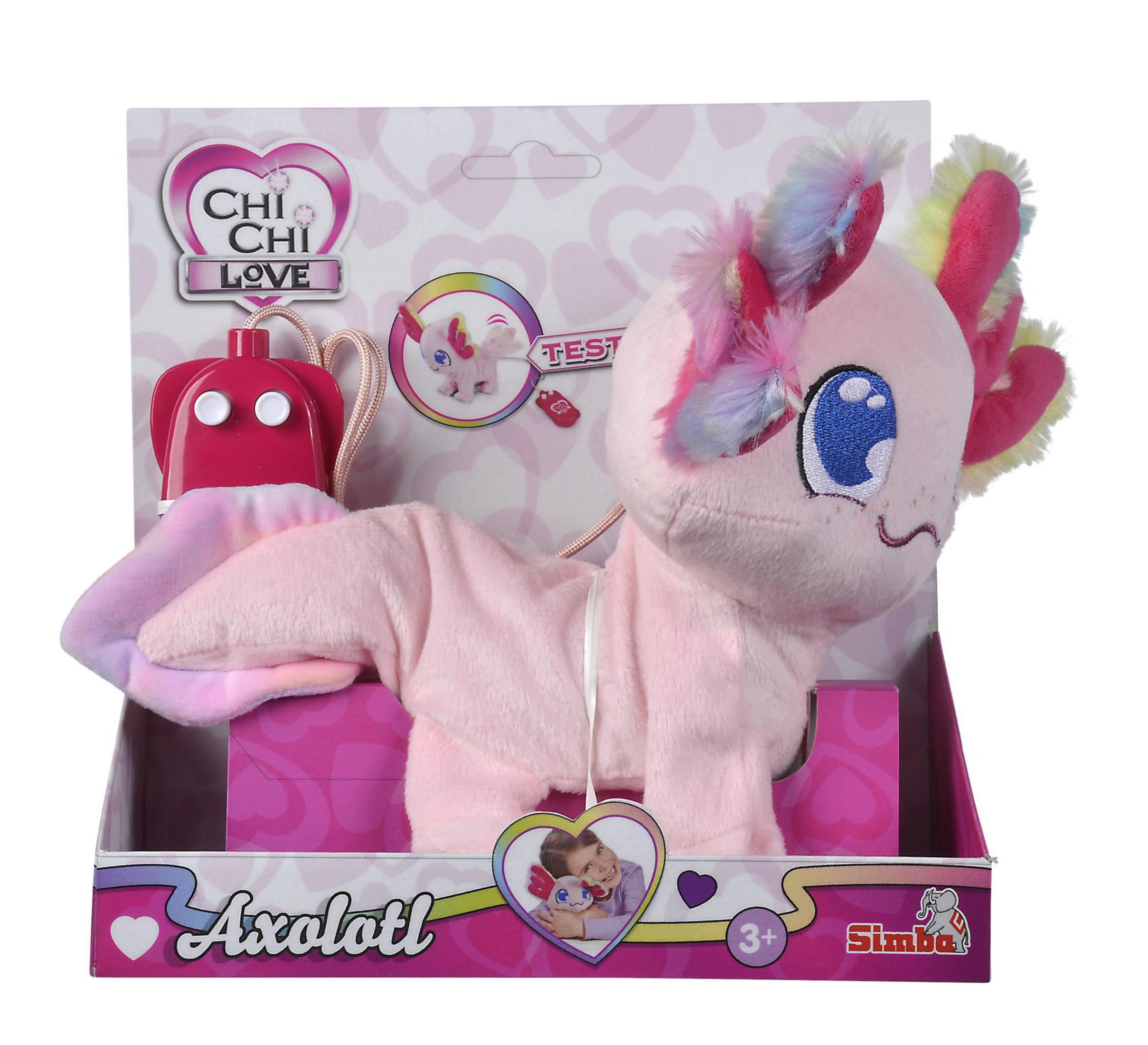 Rosa Axolotl-Plüschtier in einer Box, mit passendem herzförmigen rosa Zubehör.