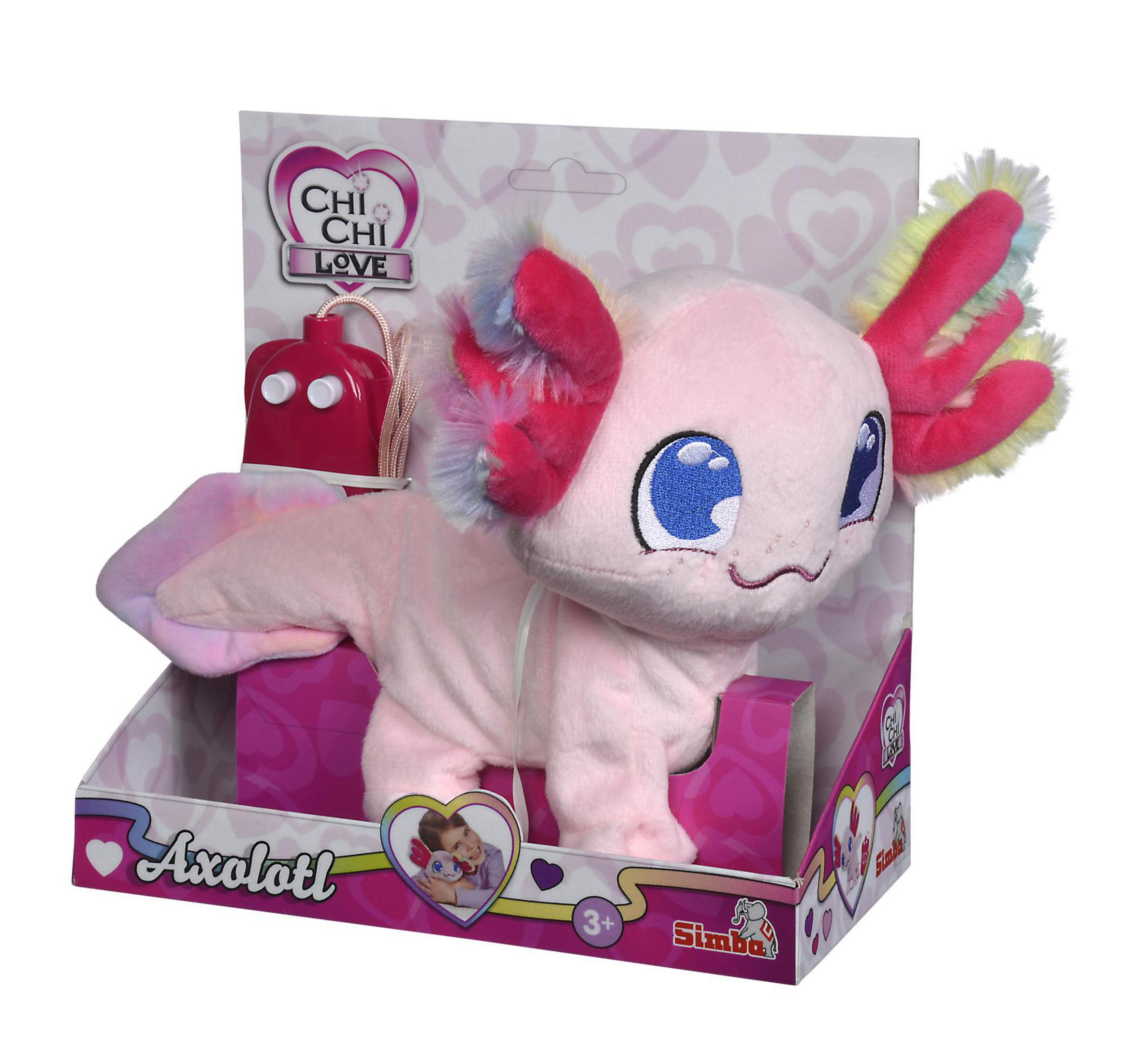 Ein rosa Chi Chi Love Axolotl-Plüschtier in seiner Verpackung, mit einer Fernbedienung.