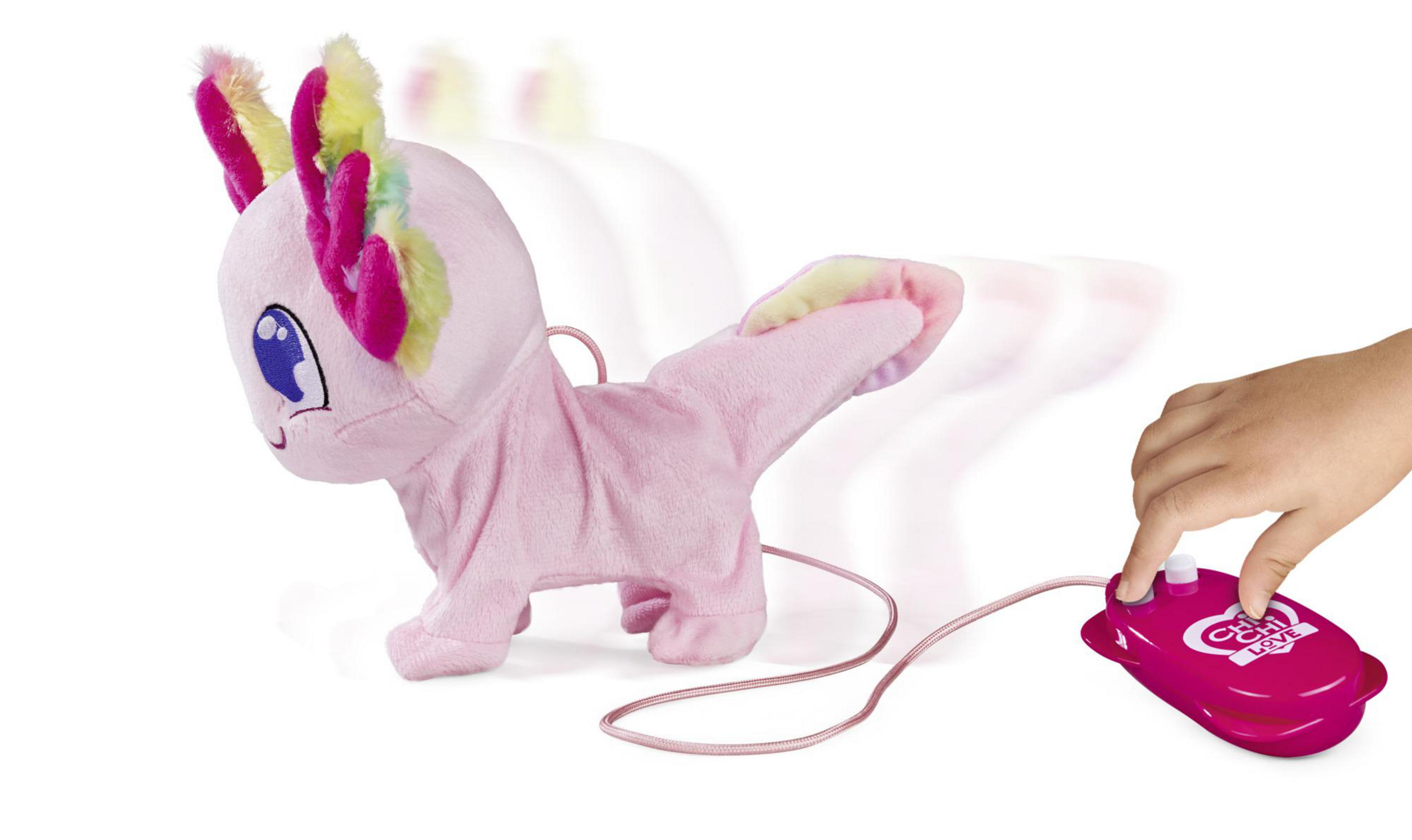 Rosa Axolotl-Spielzeug an der Leine, die Hand eines Kindes hält eine Fernbedienung zum Gehen.