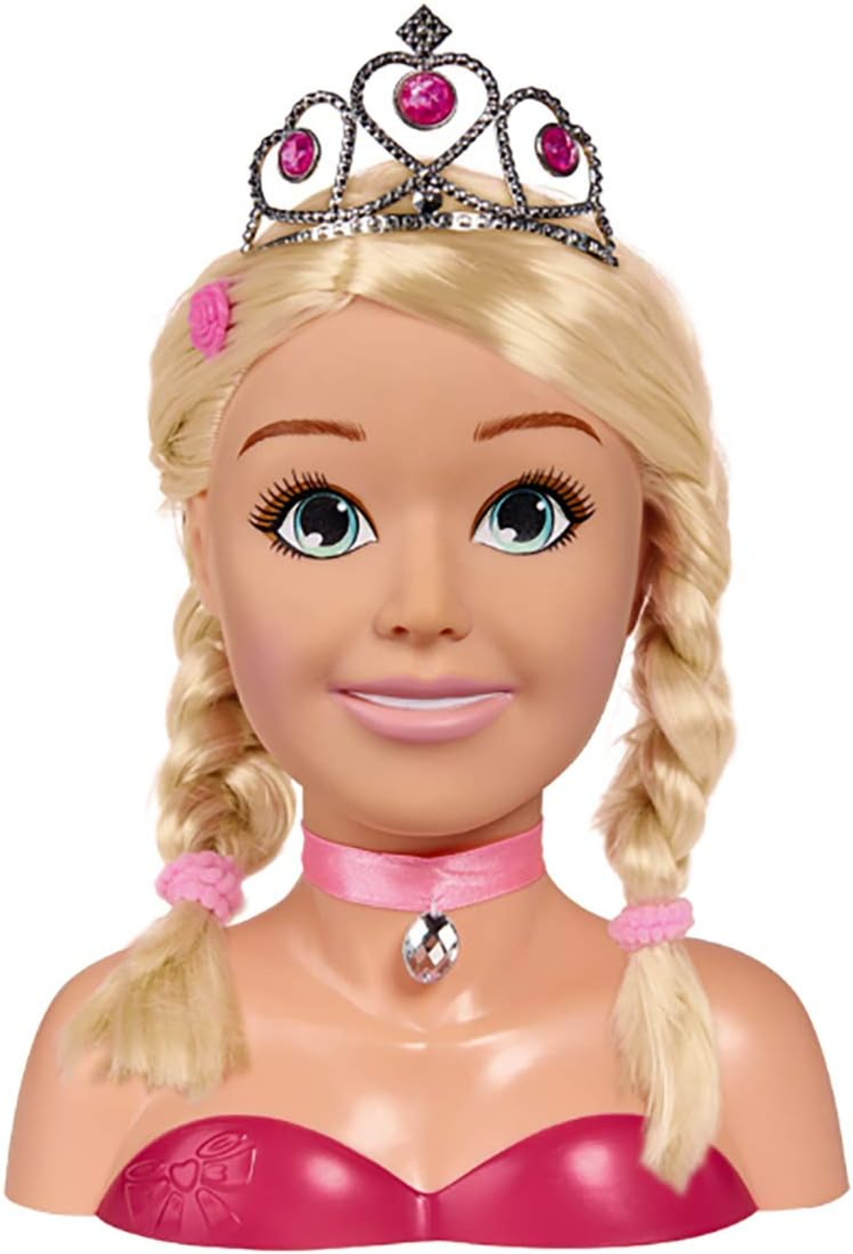 Ein Puppenkopf mit blonden Zöpfen, einer Tiara und einem rosa Halsband. Die Puppe lächelt.